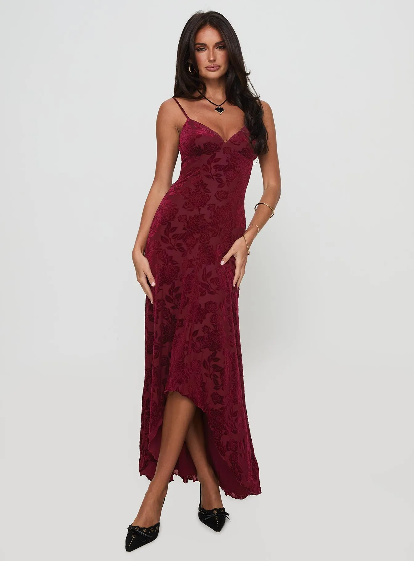 Rumours Slippy Burnout Maxi Dress Burgundy Soft Wear