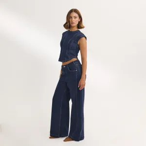 Comfort Style Stylish Appearance Dipped-Waist Wide-Leg Jeans - Indigo Blue