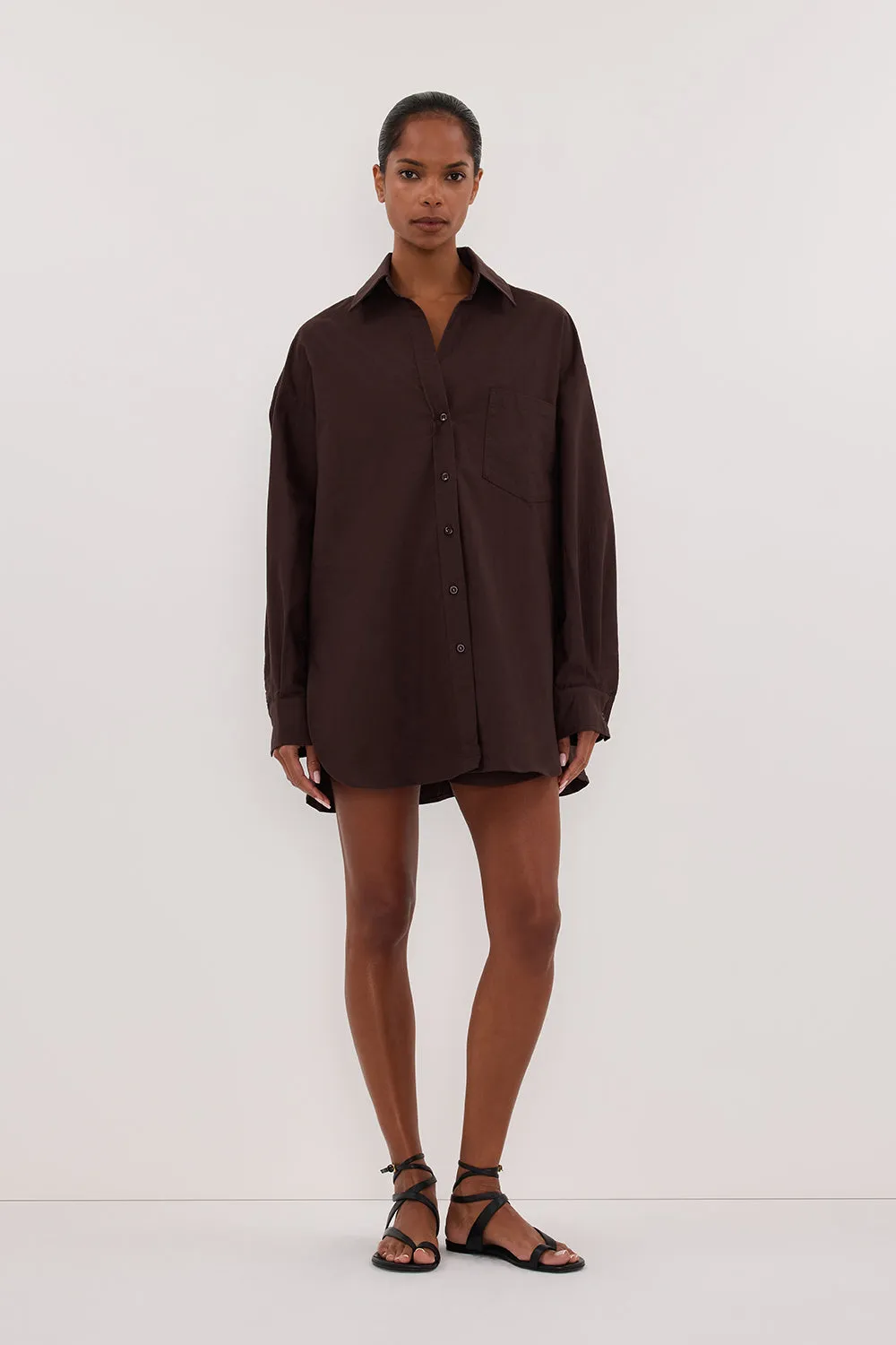 Sporty Look Eco-friendly RHEA 2.0 BURNT CHOC OVERSIZED COTTON SHIRT