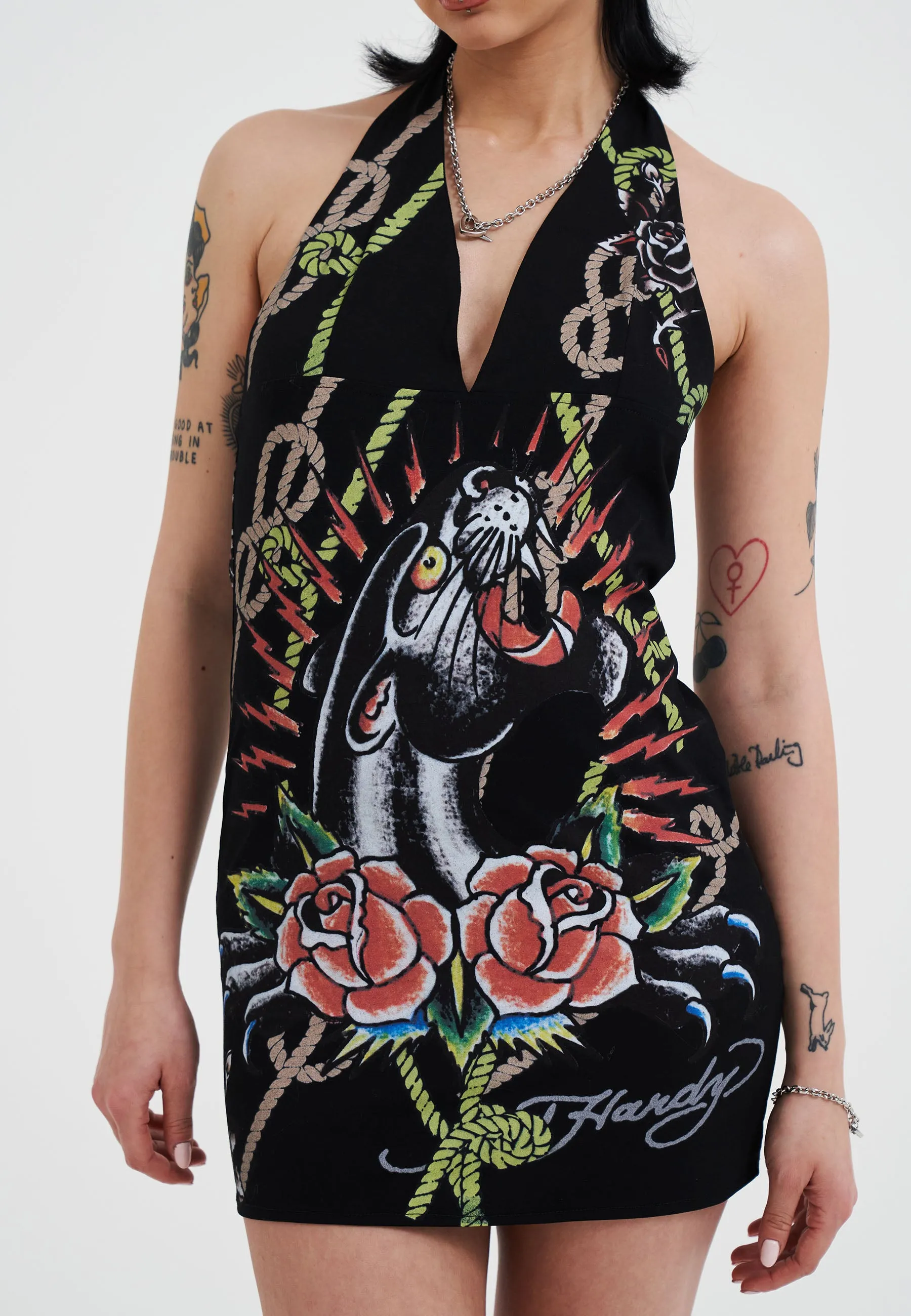 Versatile Layer Wear Family Warm Womens Panther Light Halter Neck Mini Dress - Black