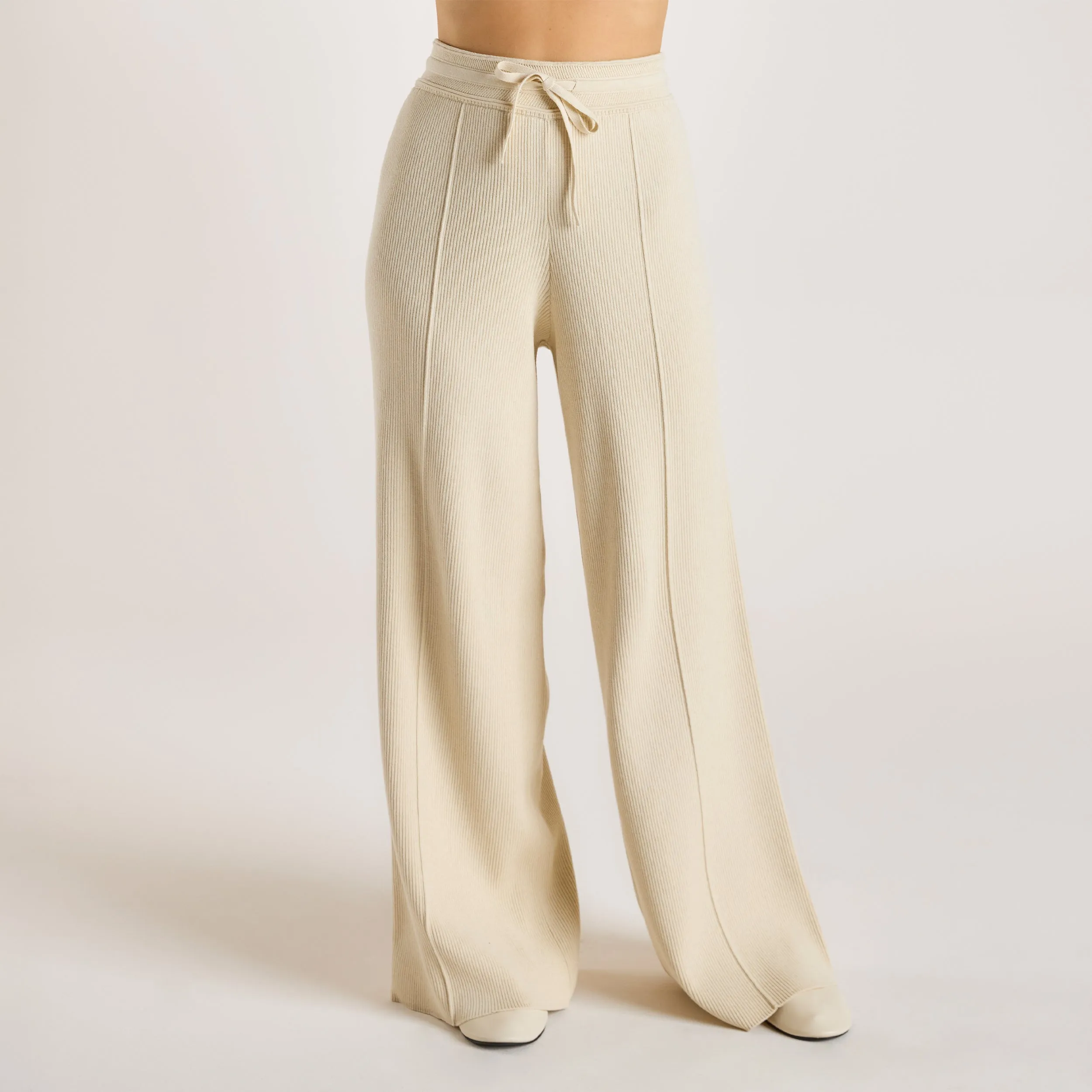 Recycled Polyester Wide Leg Knitted Pants - Cream