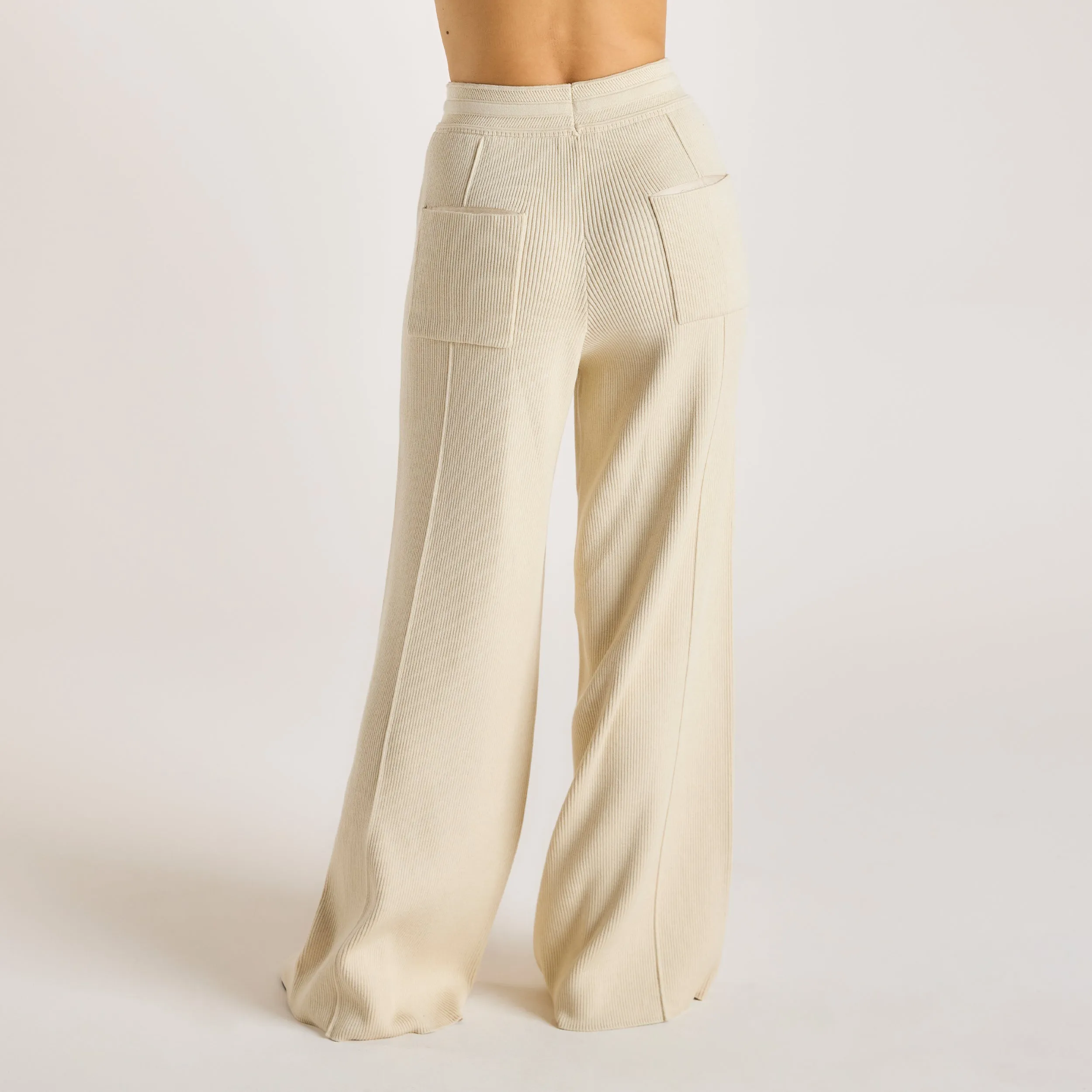 Wide Leg Knitted Pants - Cream Lightweight Fit SeamlessPockets
