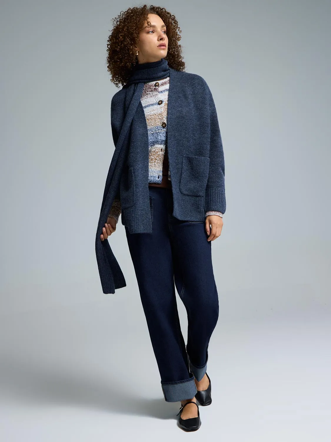 NonRestrictive Cuff Design Duster Cardigan With Scarf