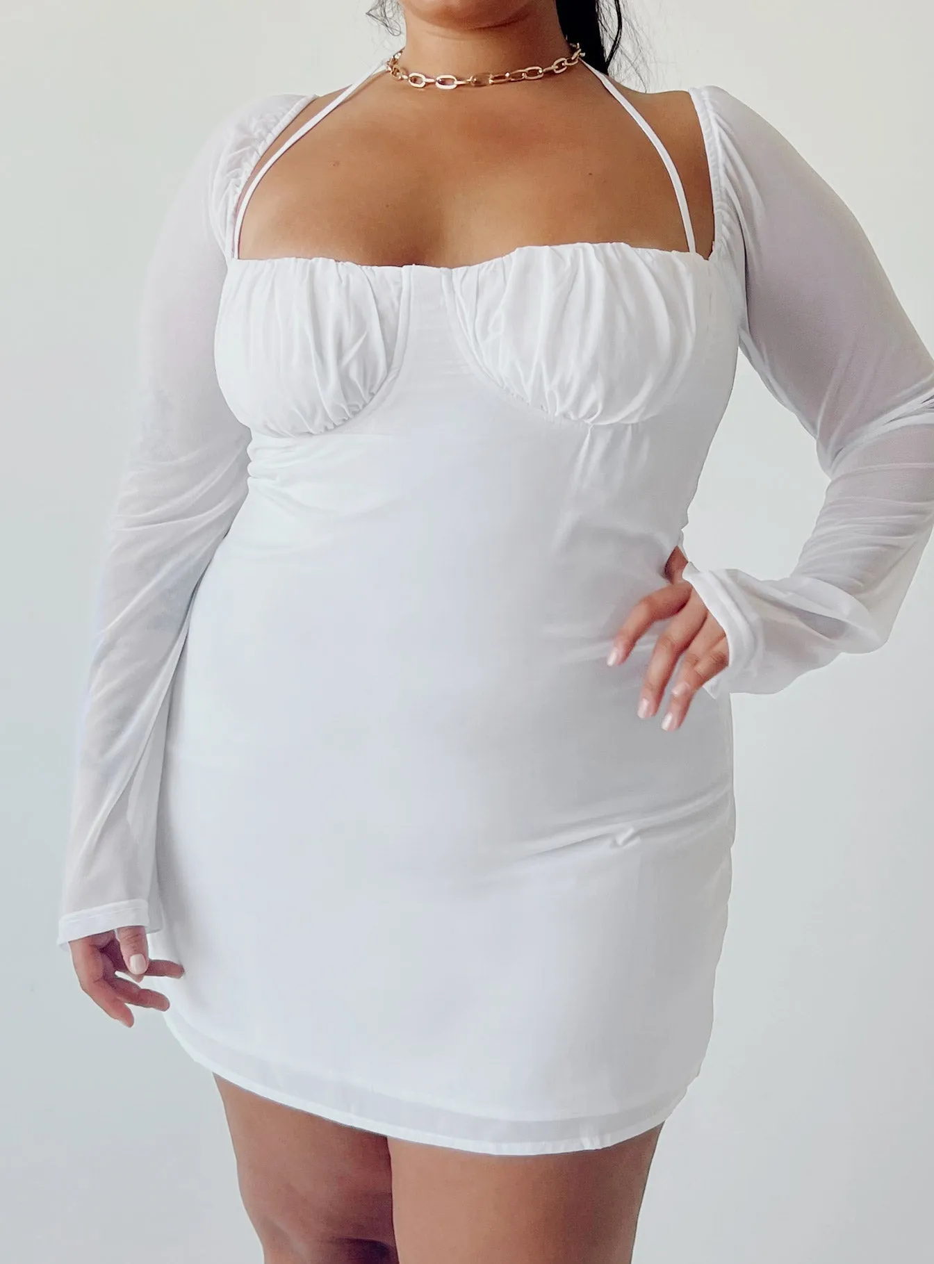Dyer Sheer Sleeve Mini Dress White Curve Elegant Line