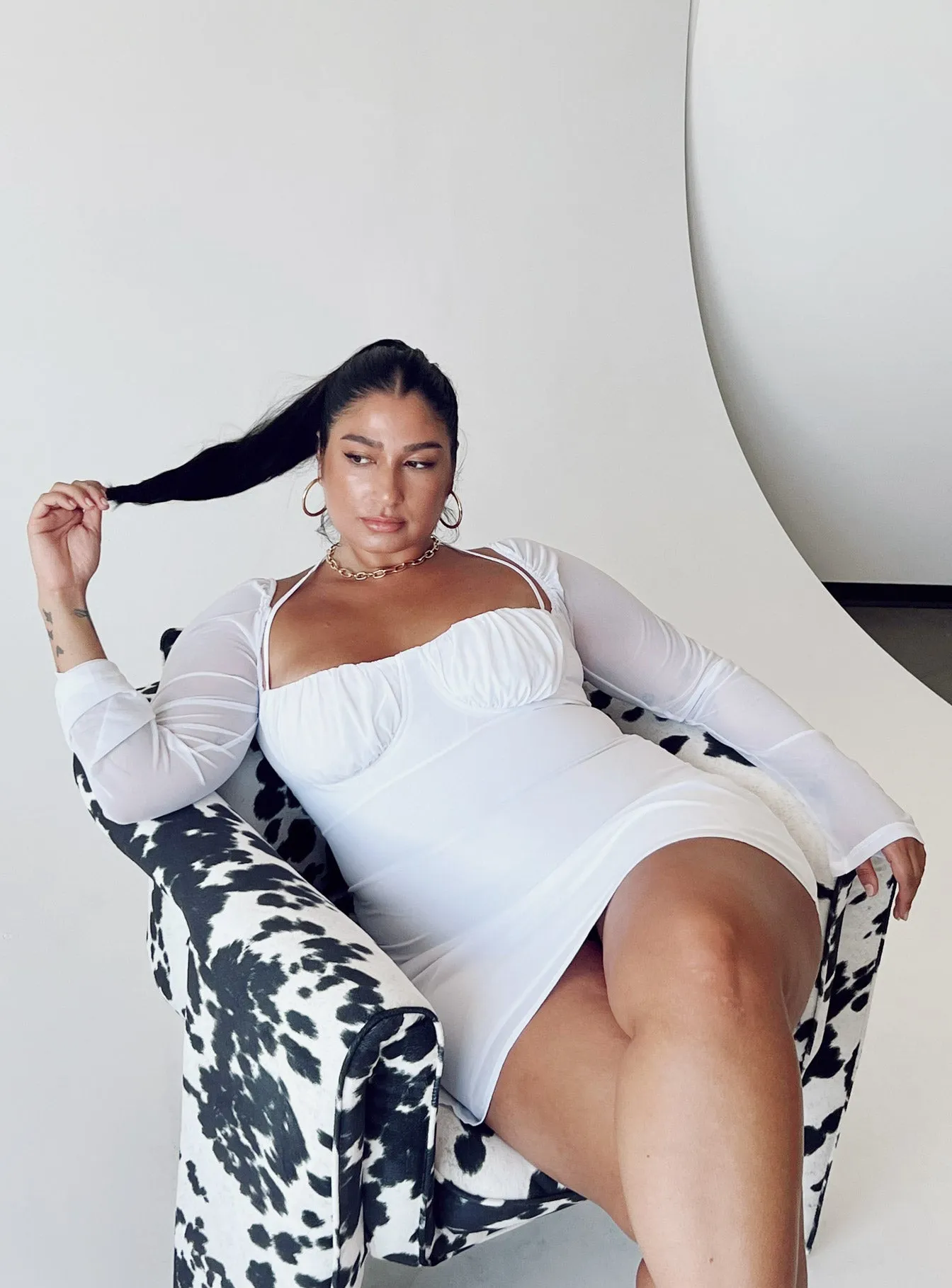 Dyer Sheer Sleeve Mini Dress White Curve Lounge Feel