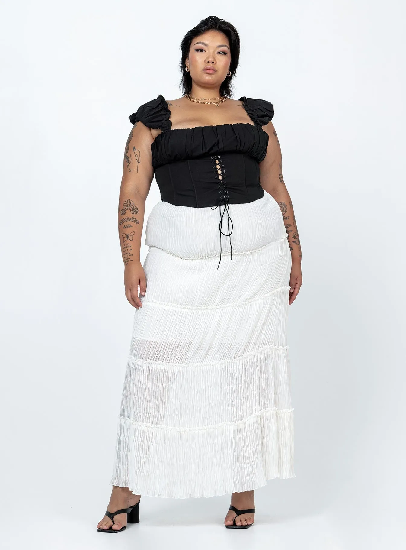 Sun Down Mid Rise Maxi Skirt Curve White ruffle trim City Ready