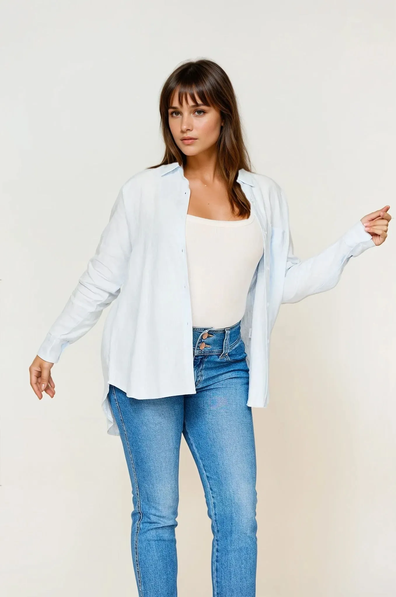 Isla Linen Shirt Blue Formal Elegance Stretch Jersey Knit