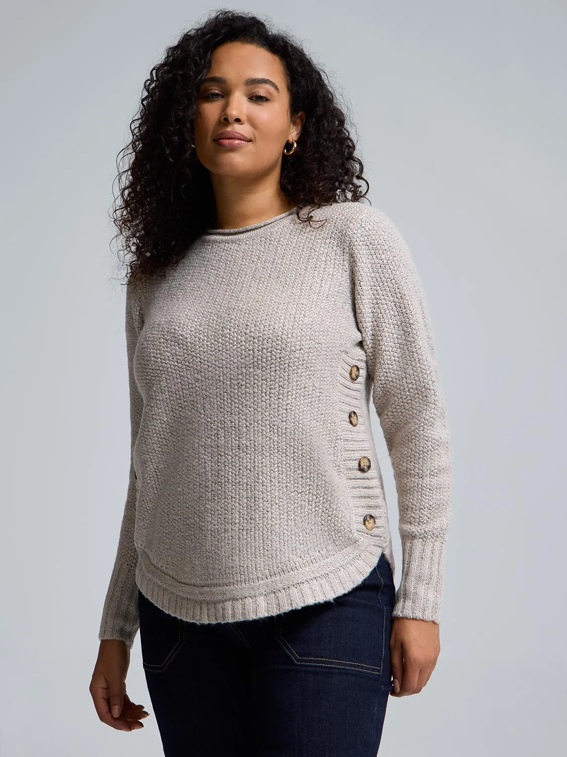 Layered Collar Option Button-Detail Rounded Hem Sweater