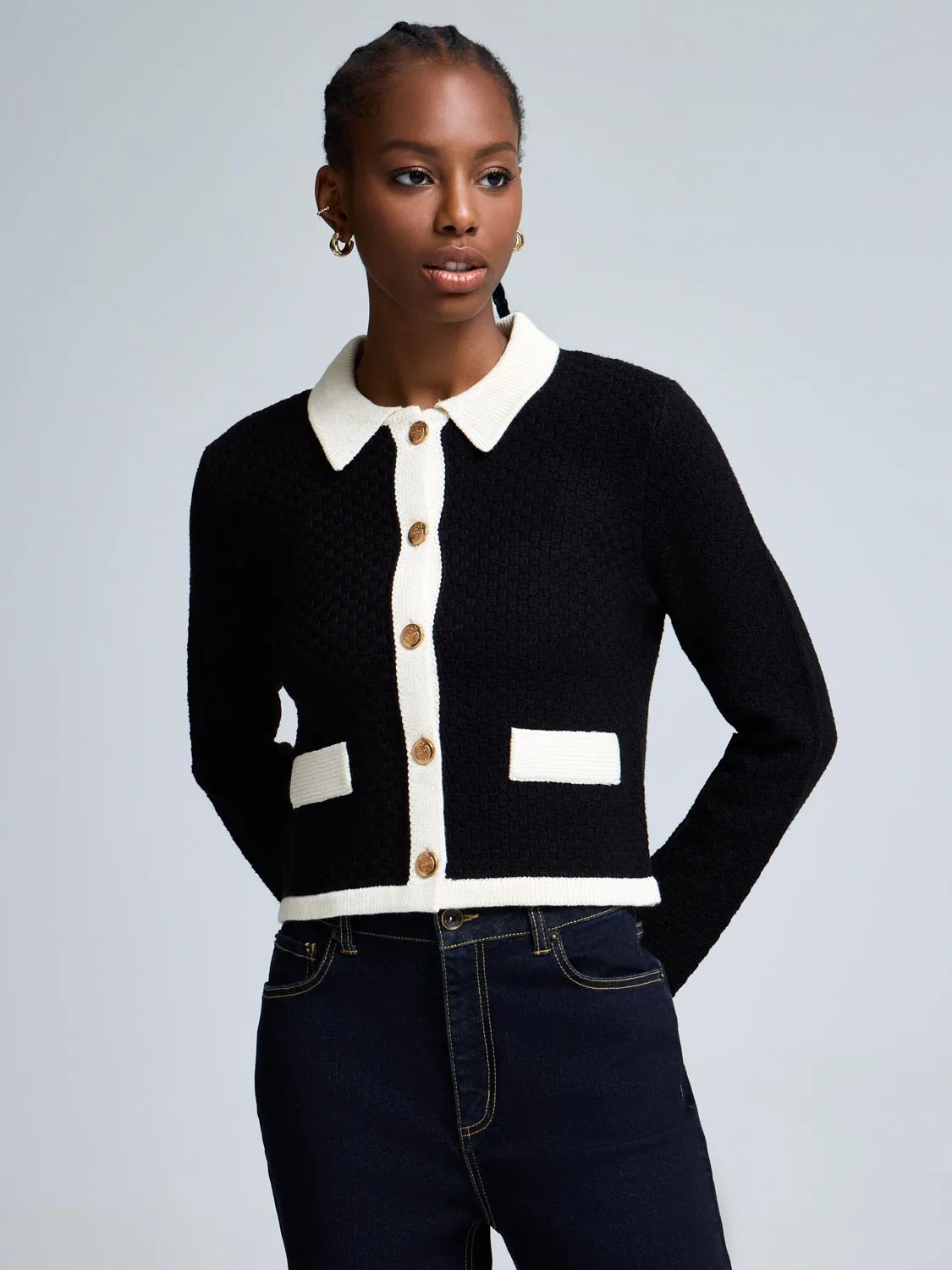 Contrast Collared Basketweave Cardigan Four Way Stretch Design LowMaintenance Fabric