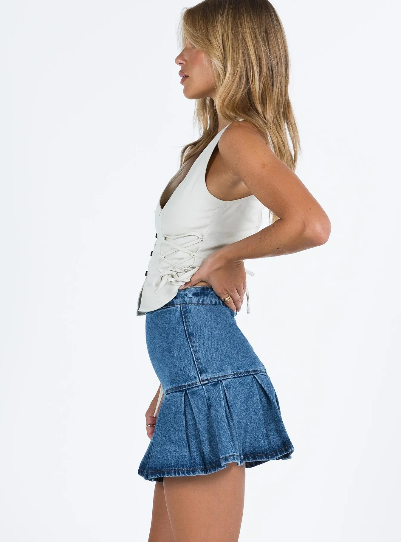 Timeless Piece Chill Vibe Rescue Me Pleat Mini Skirt Denim