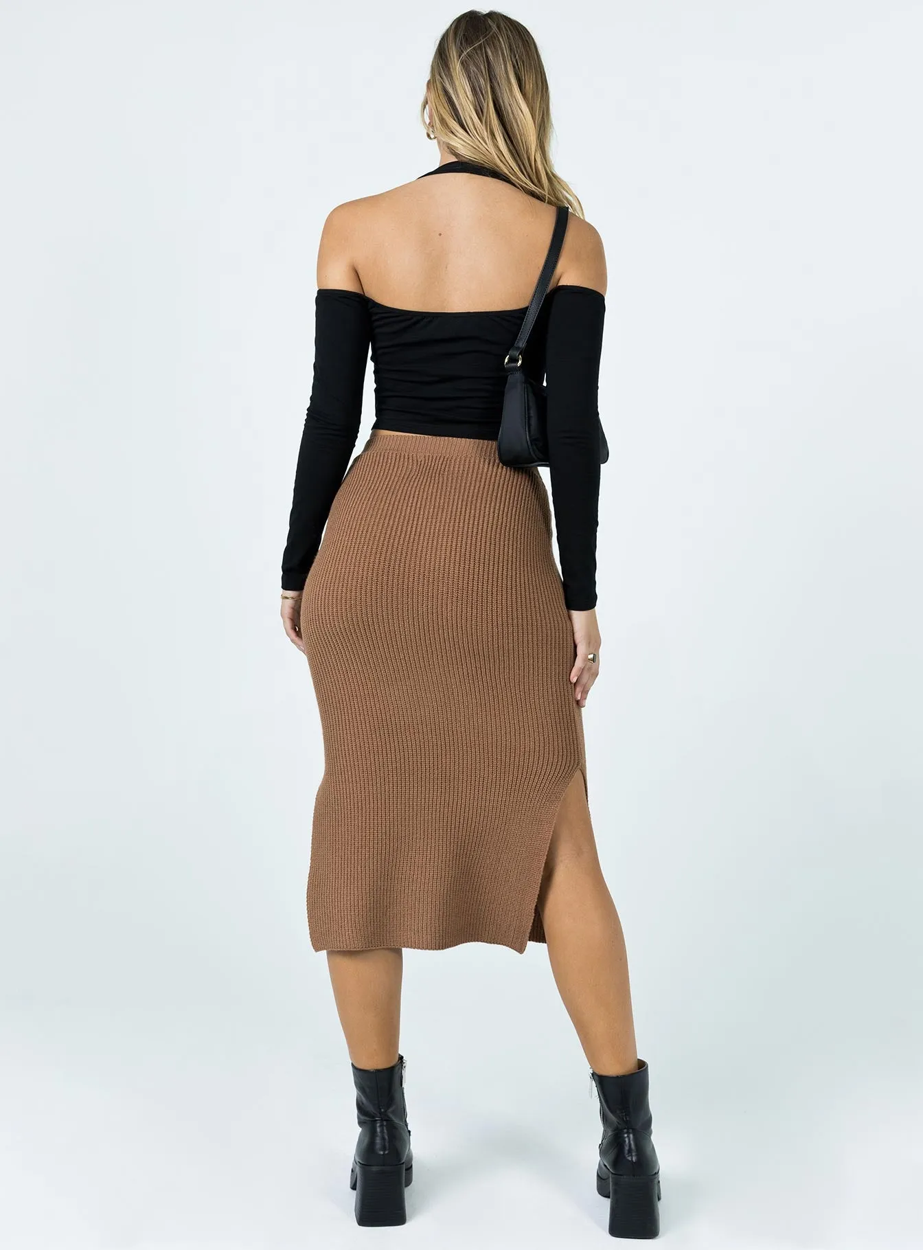 Tanna Midi Skirt Brown Cotton Rich Crossback Strap