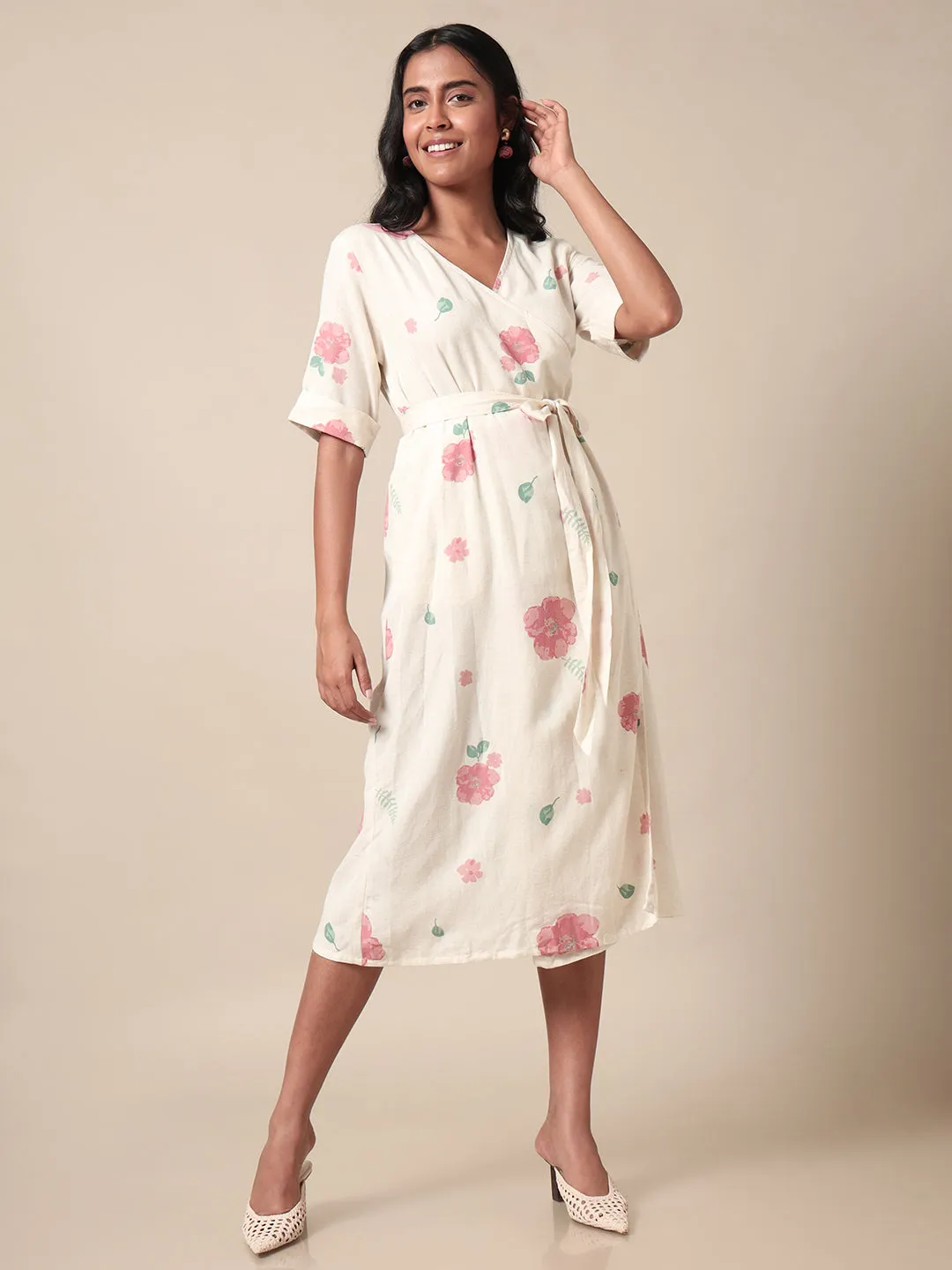 Eclectic Floral Printed Overlap Off White Dress Clean Lines Trend Smart
