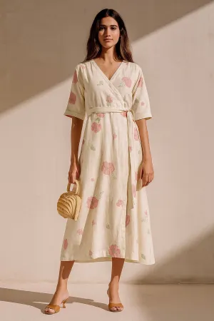 Casual Lines Eclectic Floral Printed Overlap Off White Dress