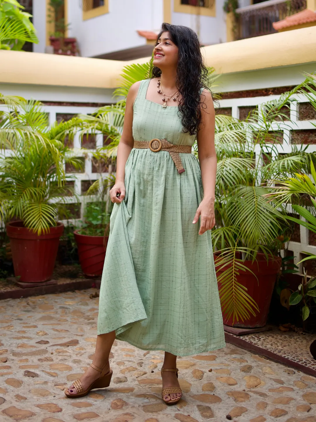 Ornate Oasis Green Sleeveless Dress Detachable-Detail Essential Layer