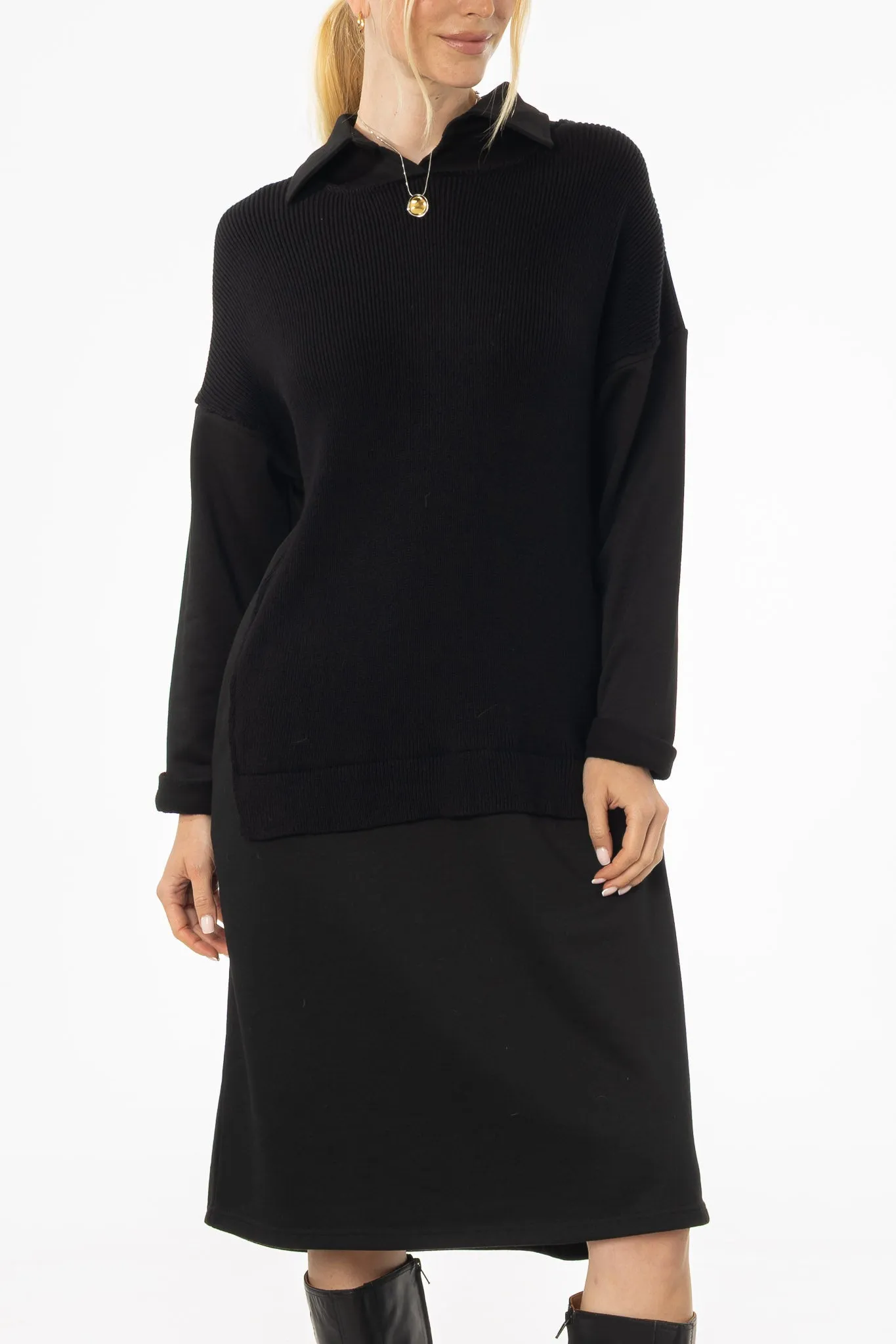 Soft Stitch Black Sweater Shirt Dress