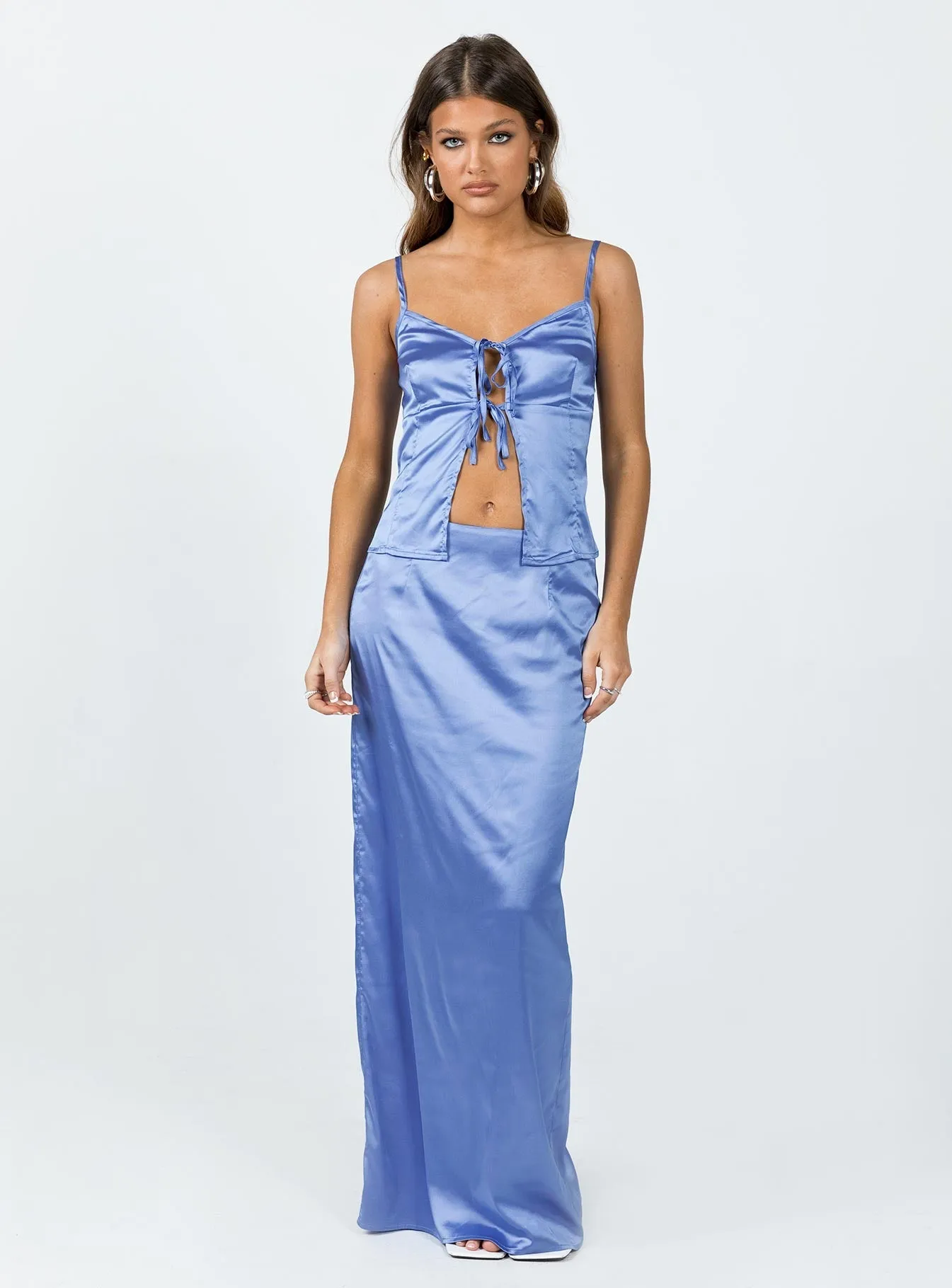 Frayed Finish No Ride Up Brianne Maxi Skirt Blue