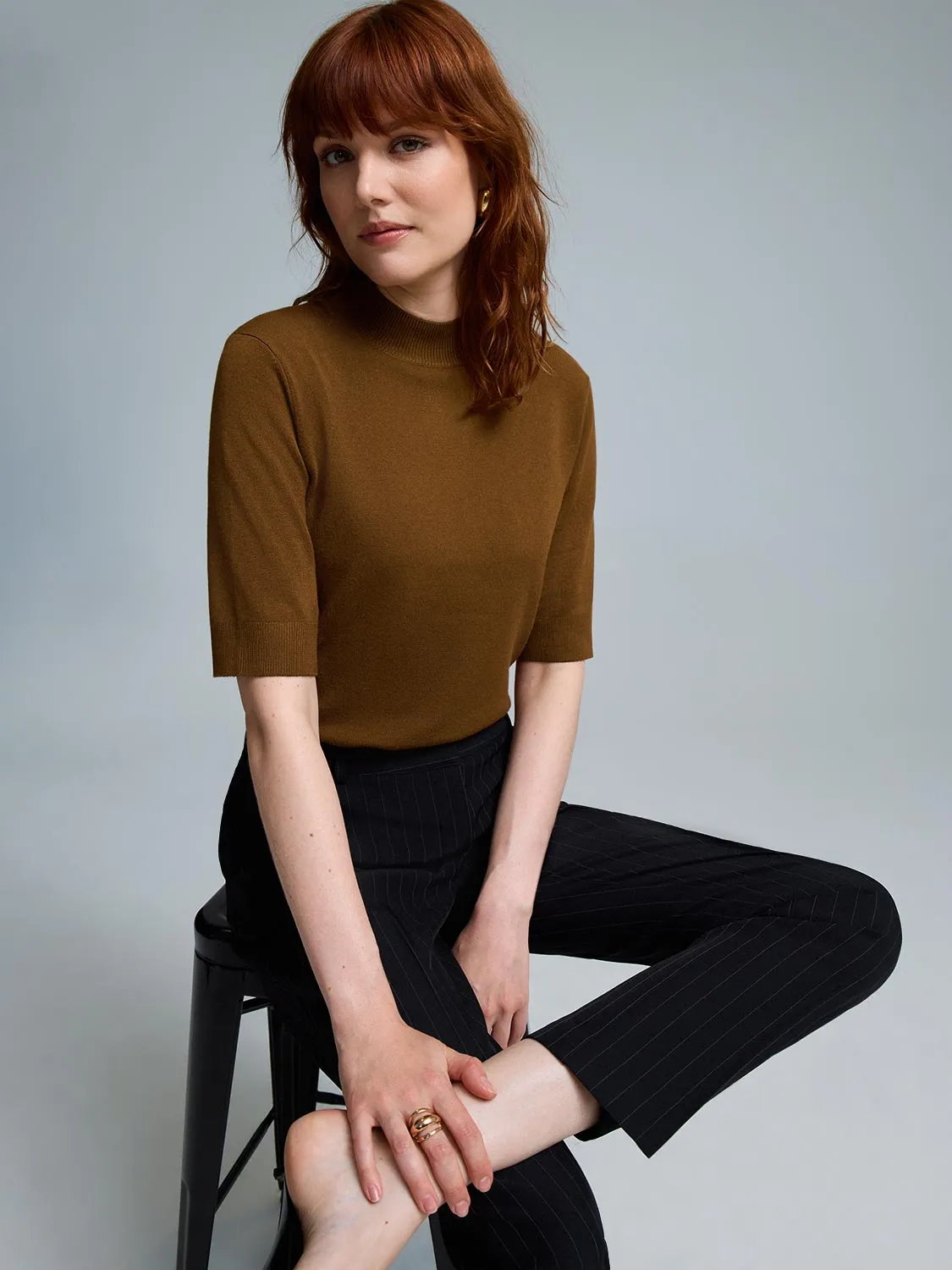 Elbow Sleeve Mock Neck Top Minimalist Aesthetic