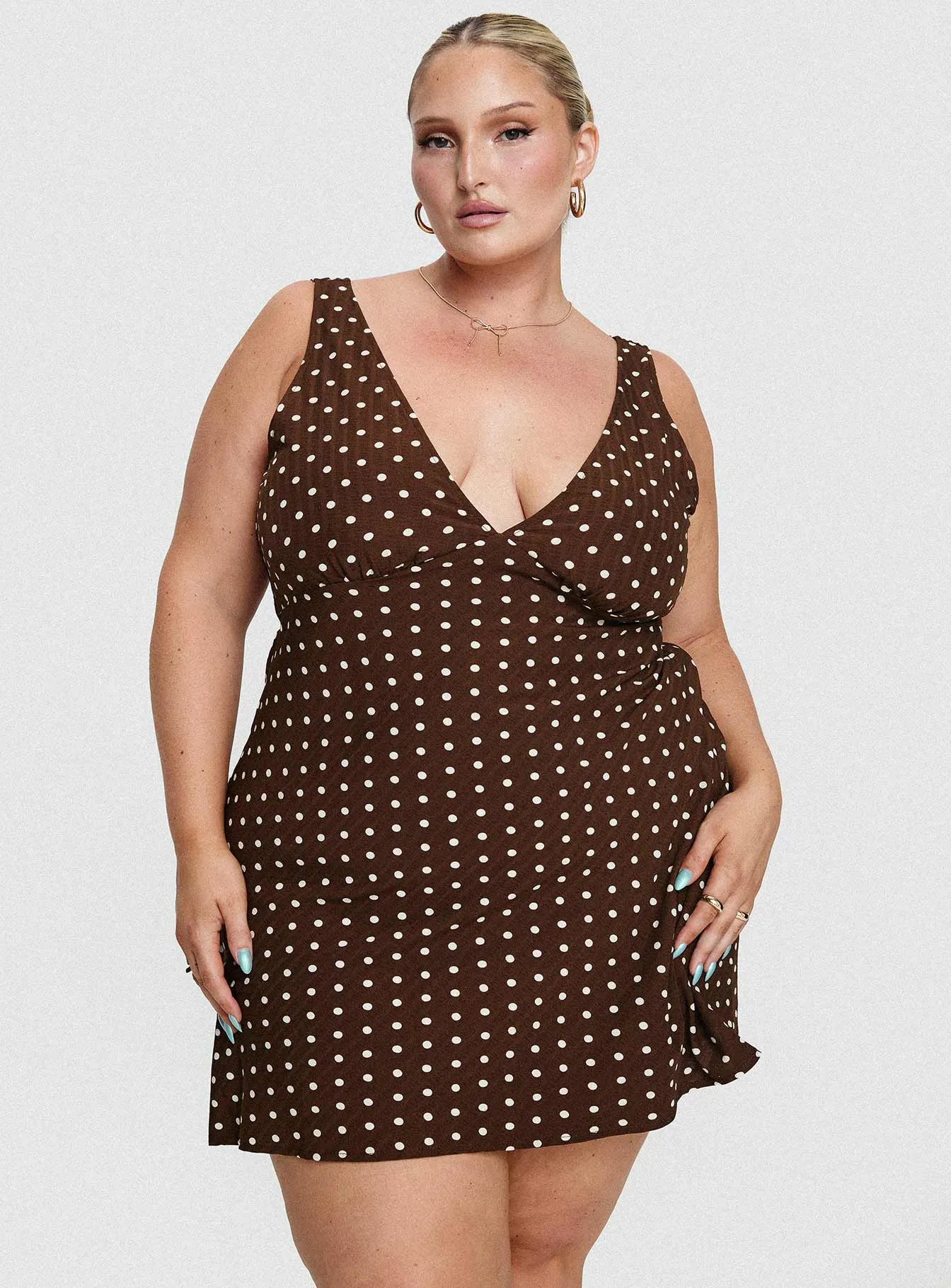 Nellie Mini Dress Brown Polka Dot Curve Eco-Lining