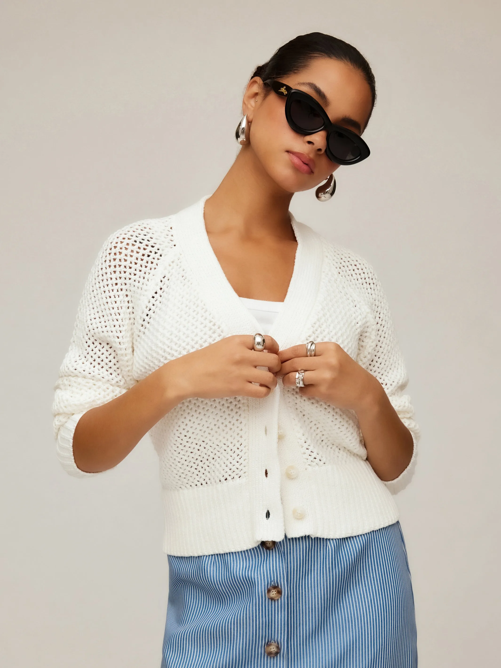Ellen Crochet Cardigan Sweater Anti Static Finish Elastic hem