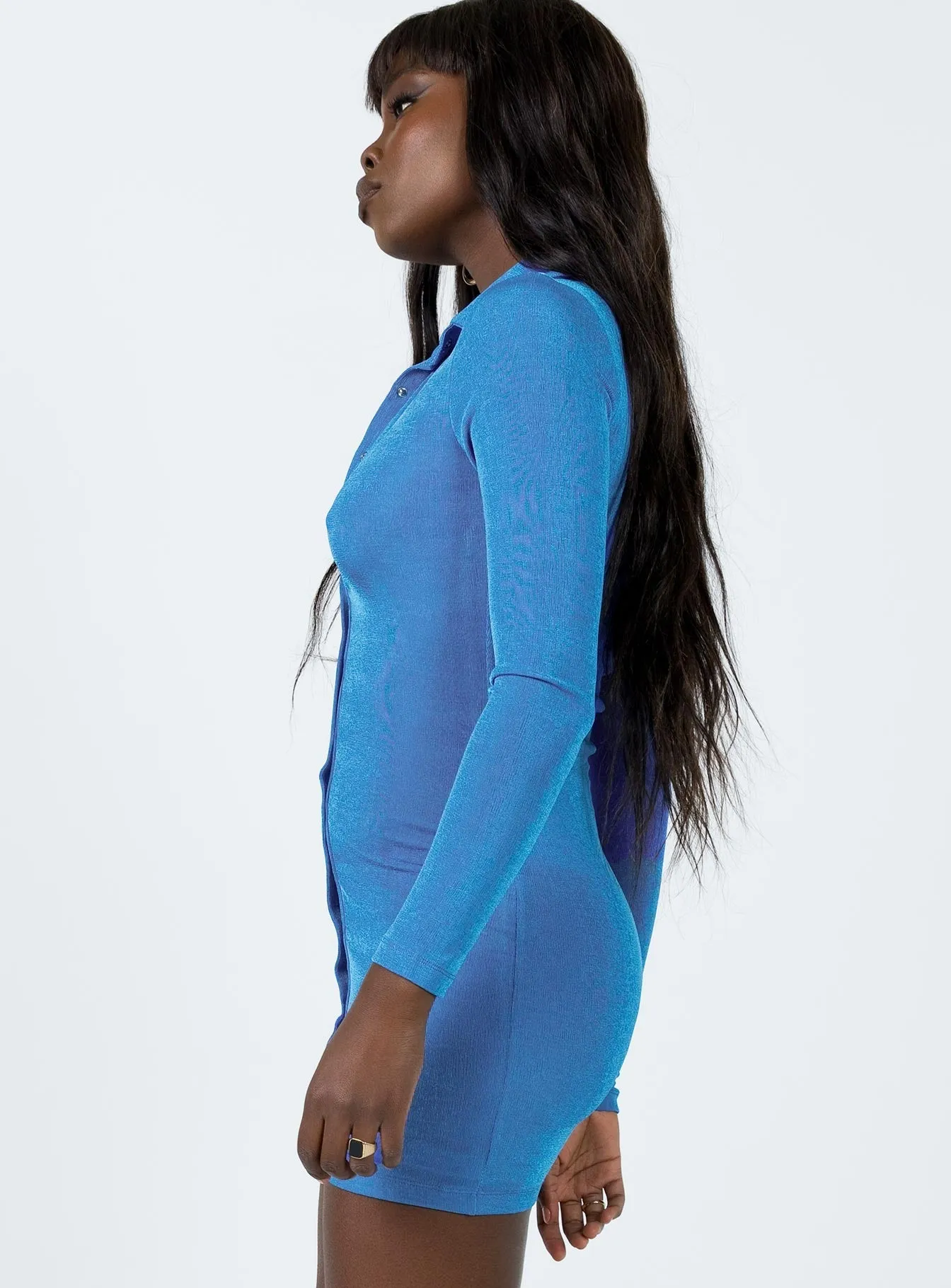 Elody Long Sleeve Mini Dress Blue Fitted Base Influencer-Approved