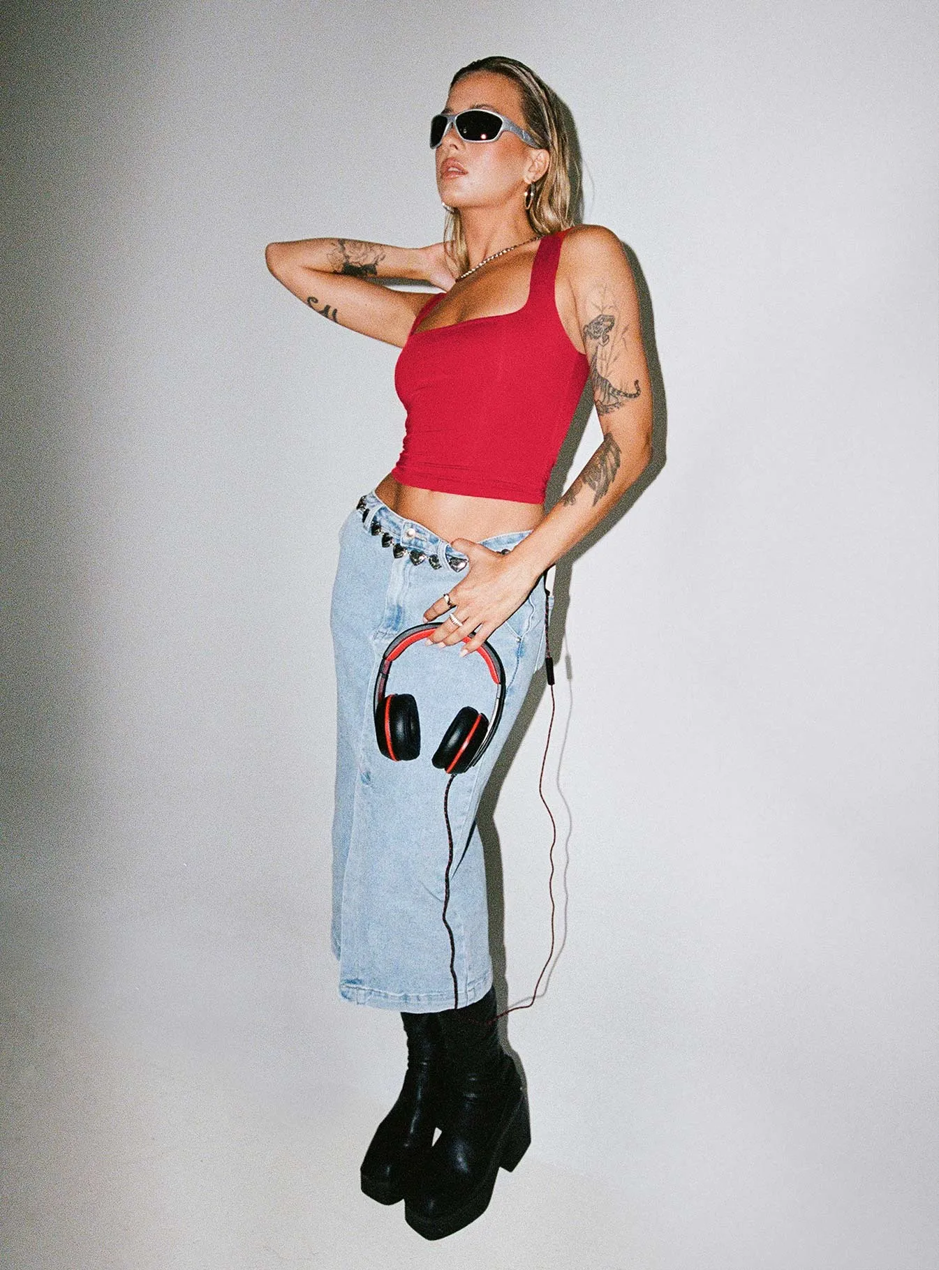 Endgate Midi Skirt Mid Wash Denim Mid Rise