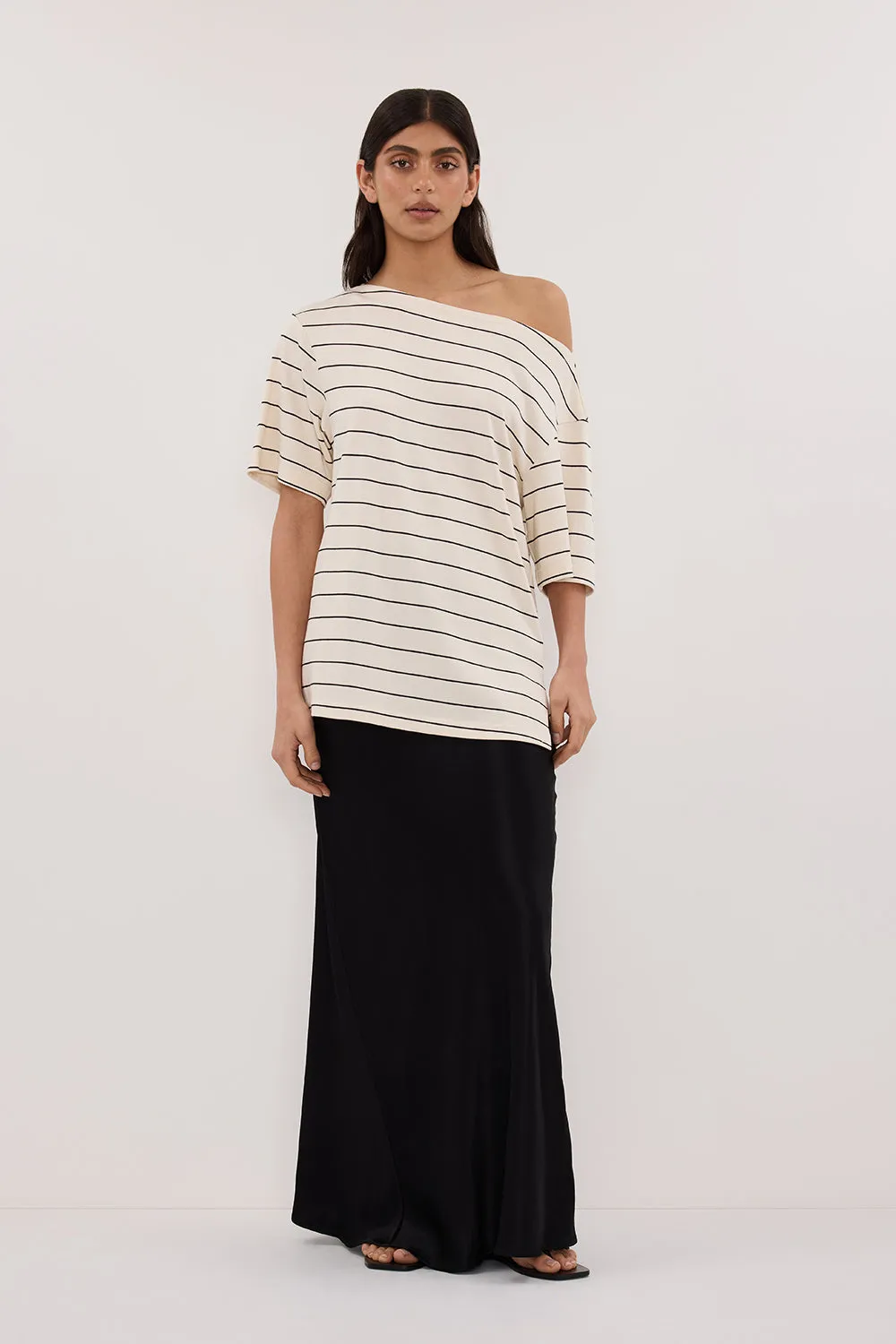 Beach Wear Lightweight Comfort ESME OFF WHITE  STRIPE ASYM TEE