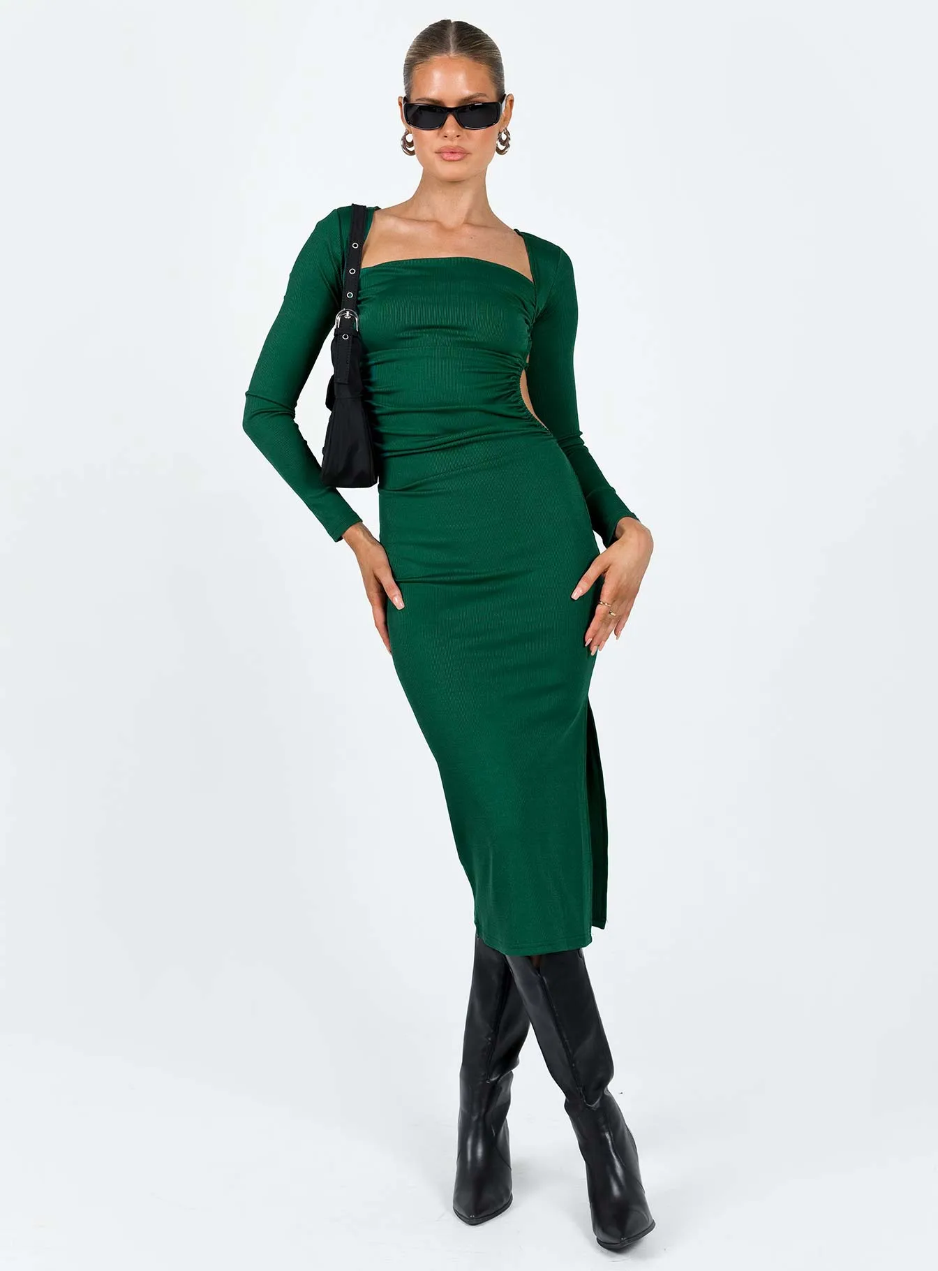 Esplin Long Sleeve Midi Dress Green Timeless Soft Flowy Texture