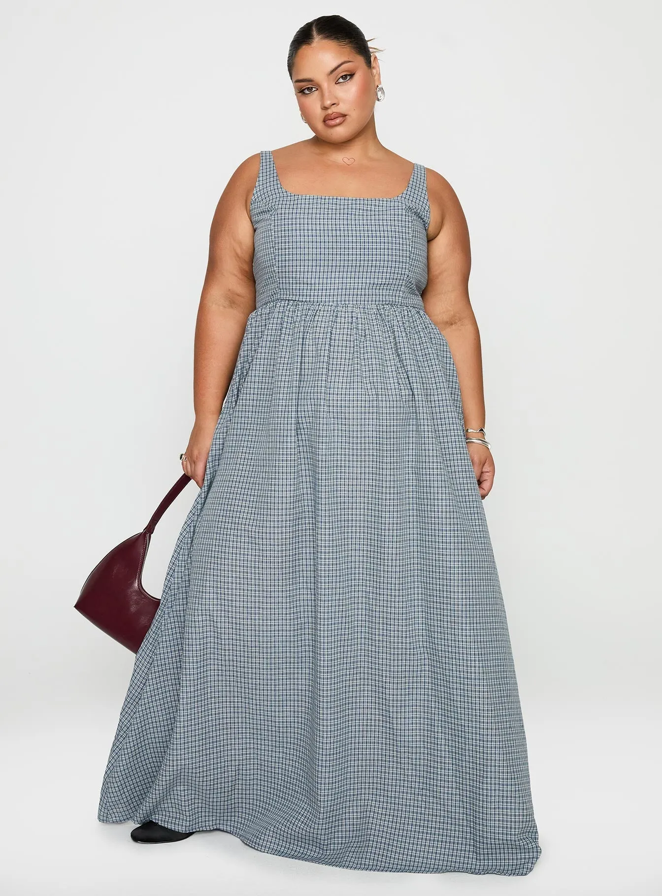 Delicate Tone Cartmel Check Maxi Dress Navy Curve