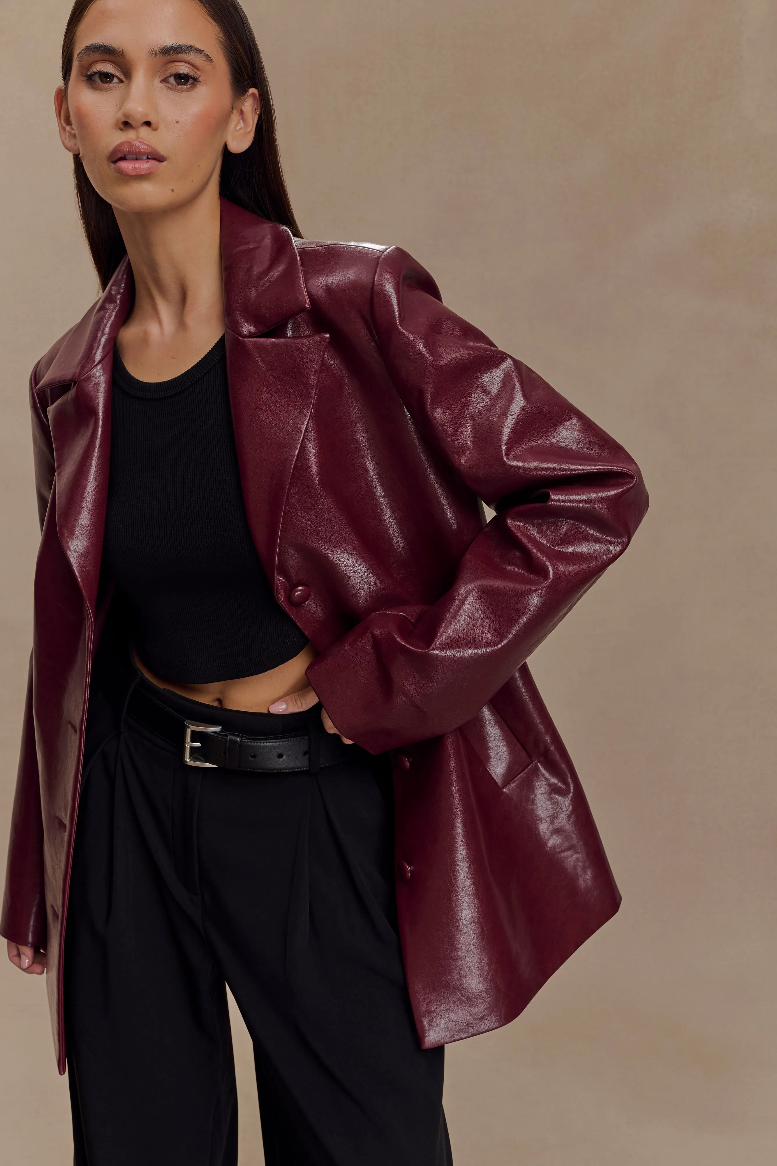 Frictionless Inner Layer NonRestrictiveFit Deborah Faux Leather Coat - Cherry Red