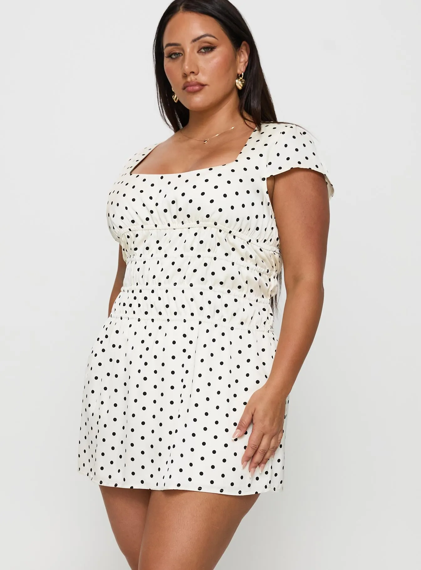 Warm Undertone Evangelie Ruched Mini Dress White Polka Curve