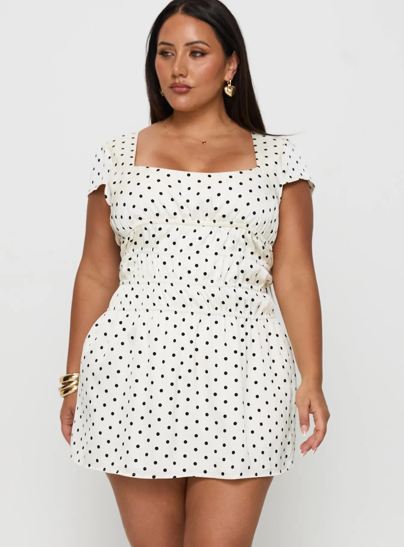 Scoop-Neck Relaxed fit wear Evangelie Ruched Mini Dress White Polka Curve