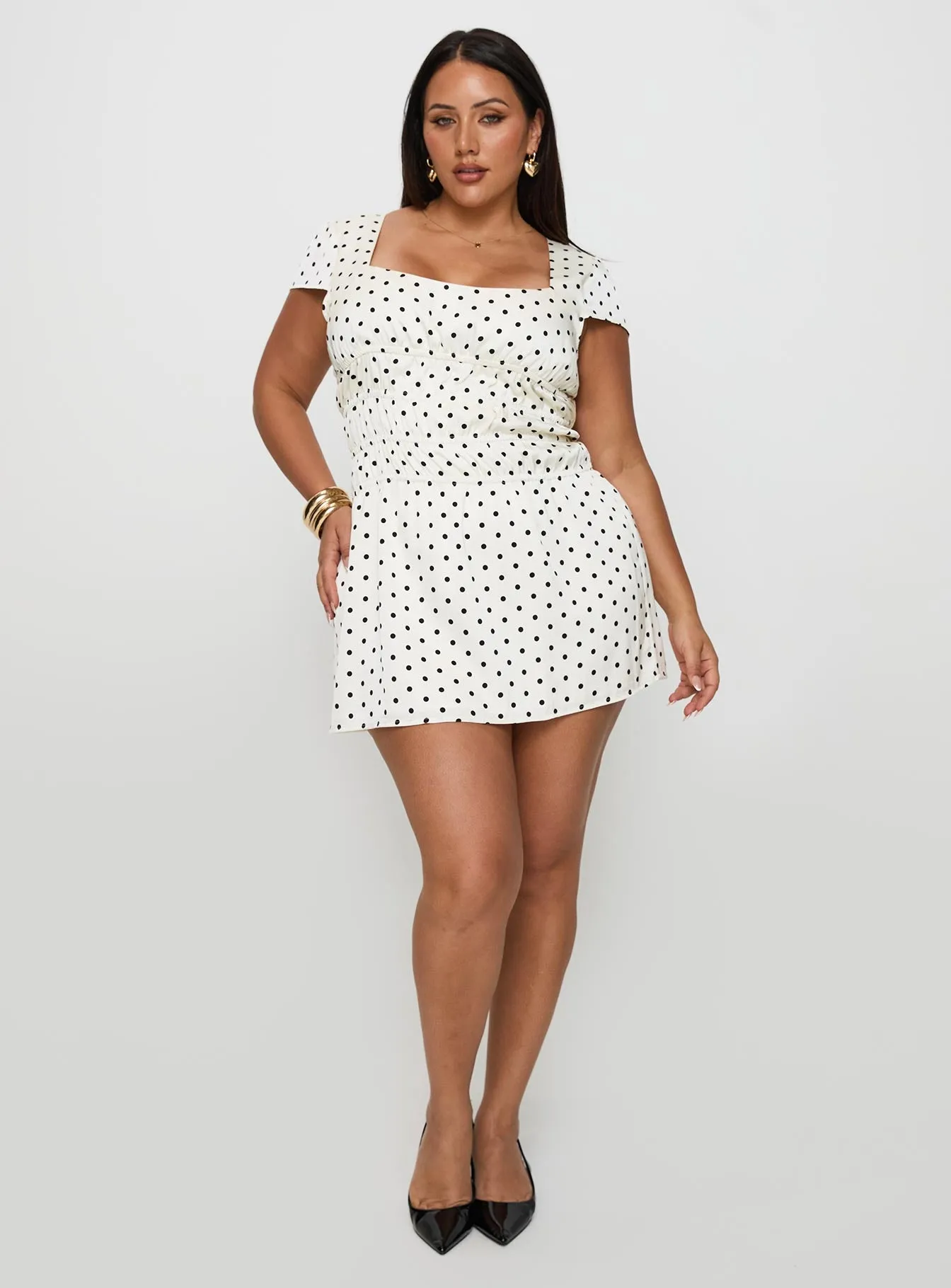 Evangelie Ruched Mini Dress White Polka Curve Everyday-Comfort Versatile Edge