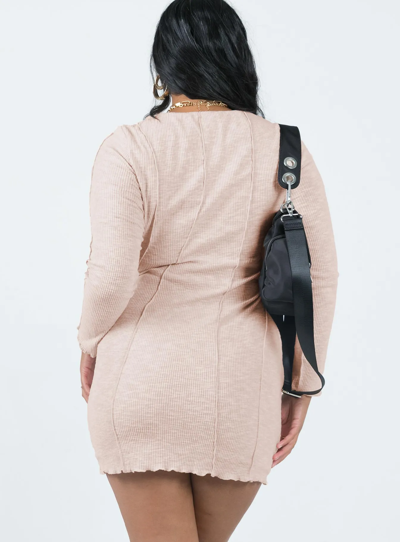 Amaris Long Sleeve Mini Dress Beige Silk-Blend Tailored Waistband