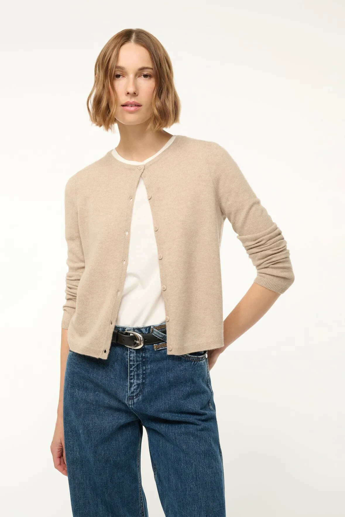 MIDNIGHT CASHMERE CARDIGAN | STONE Tubular Knit Structure Simple Layer