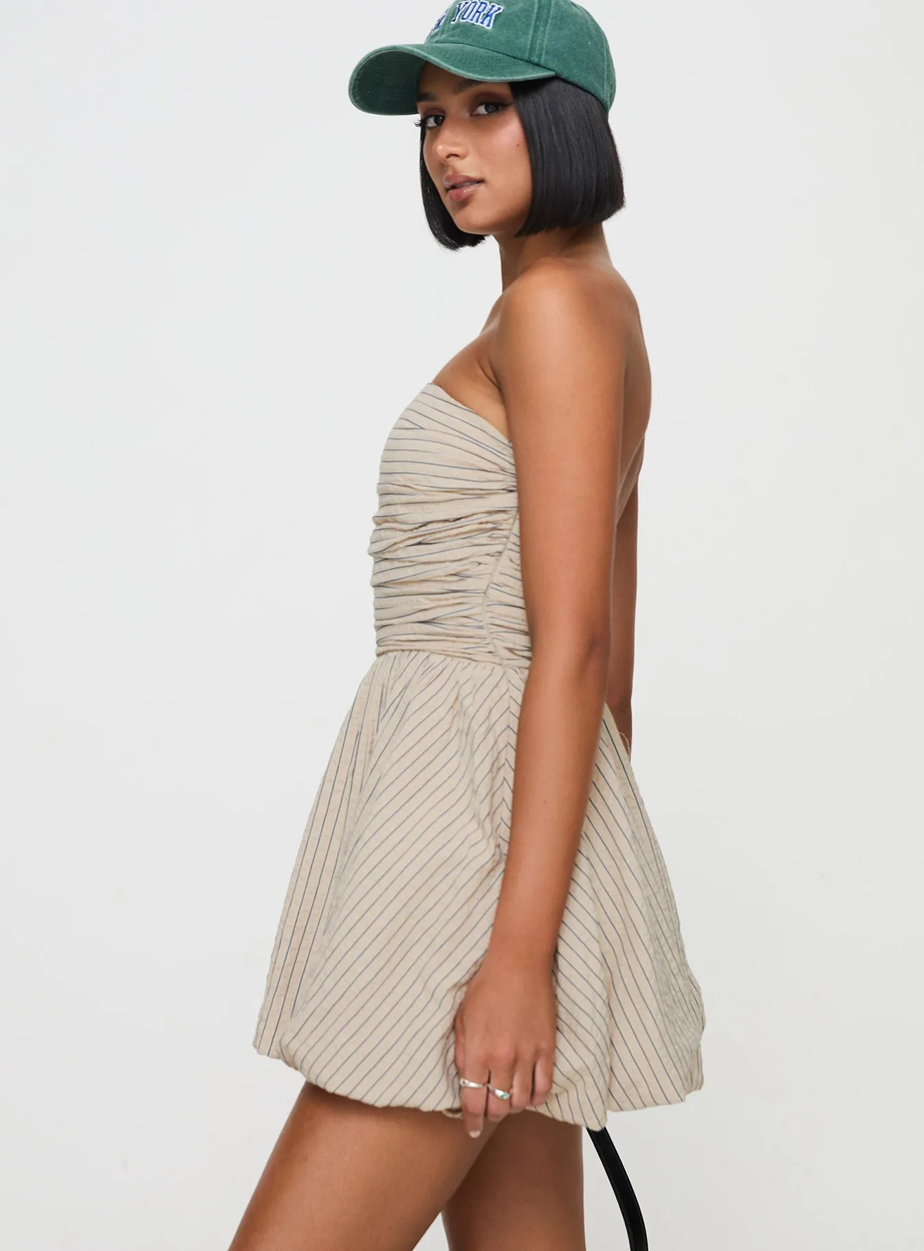 Quinette Strapless Bubble Hem Mini Dress Beige Stripe Timeless Comfort Casual Edge