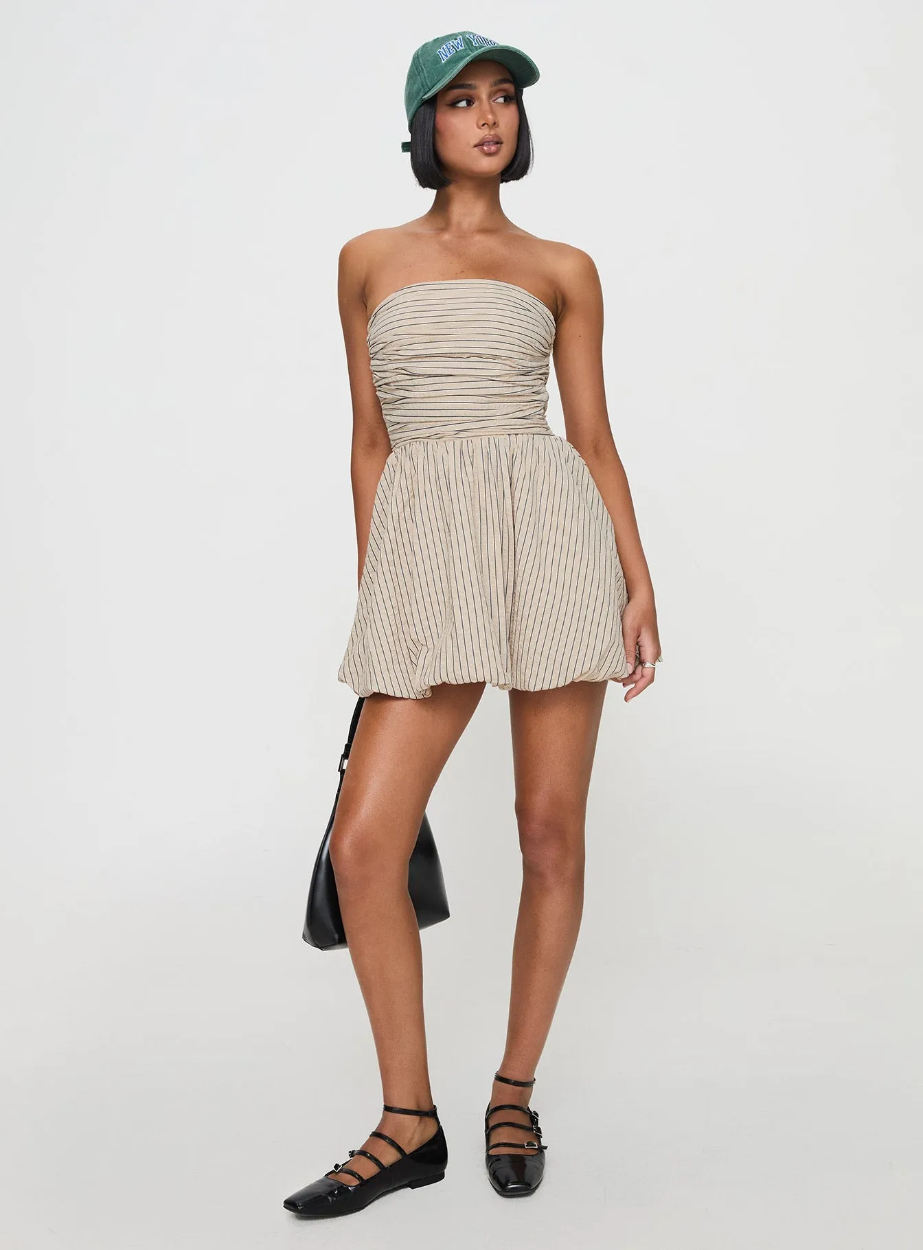 Quinette Strapless Bubble Hem Mini Dress Beige Stripe Oversized-Fit