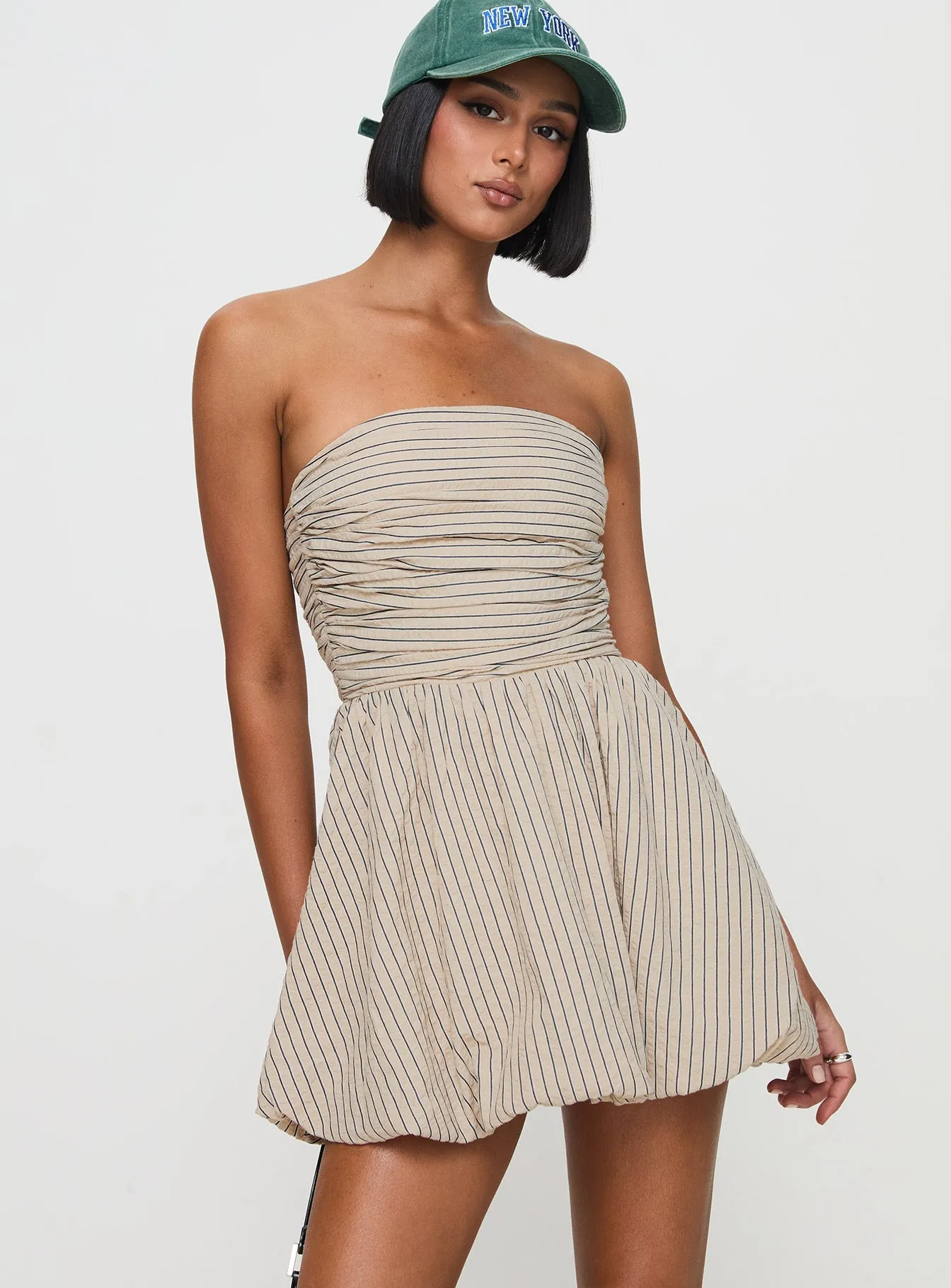 Quinette Strapless Bubble Hem Mini Dress Beige Stripe Velvet-Touch Fall Ready