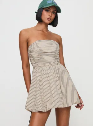 Quinette Strapless Bubble Hem Mini Dress Beige Stripe Velvet-Touch Fall Ready