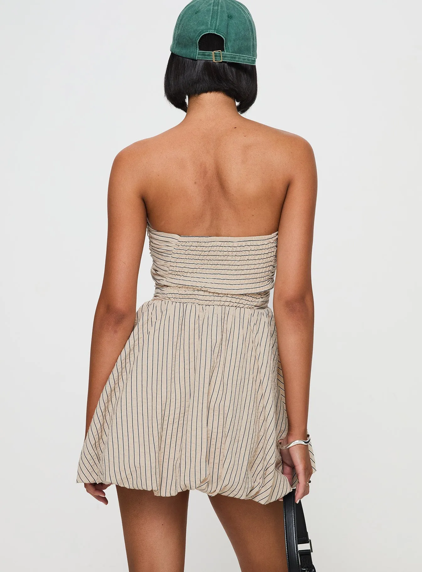 Quinette Strapless Bubble Hem Mini Dress Beige Stripe Square Neck Visual Balance