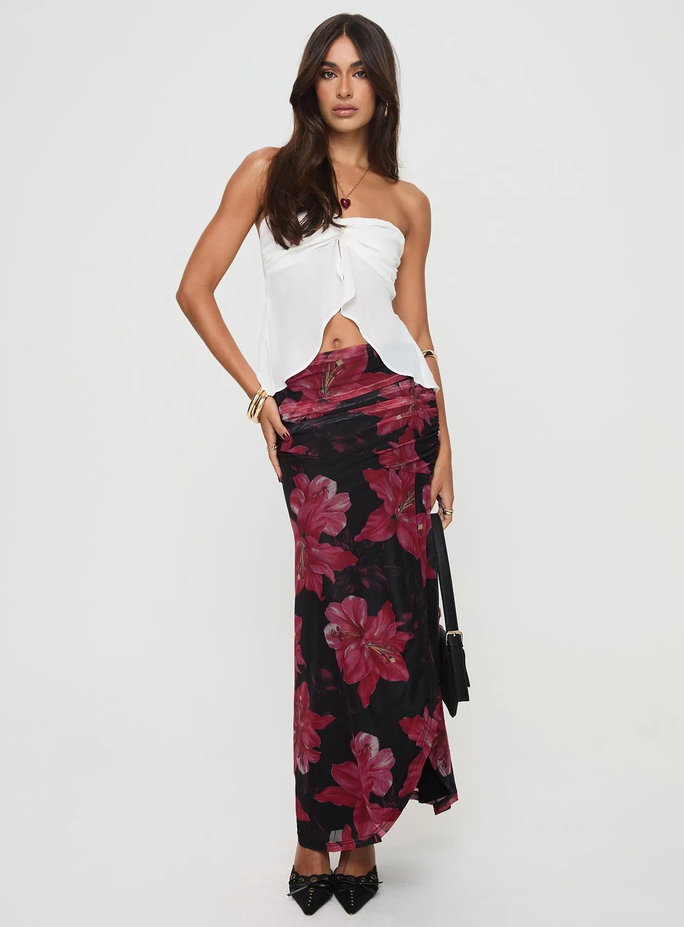 Diagonal Slit Cooperi Maxi Skirt Black / Red Floral