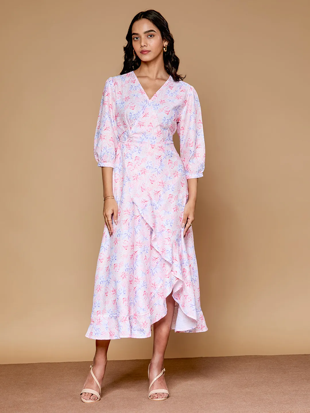 Fitted Design Semi Fit Painterly Floral Printed Dress