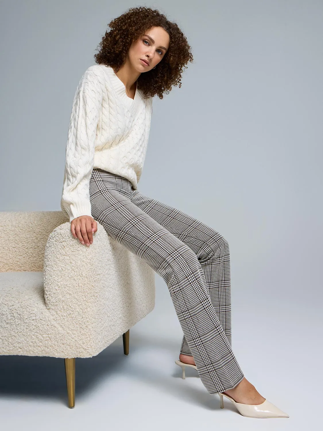 Minimal Waistband Stylish Layers Plaid Jacquard Flare Leg Pants