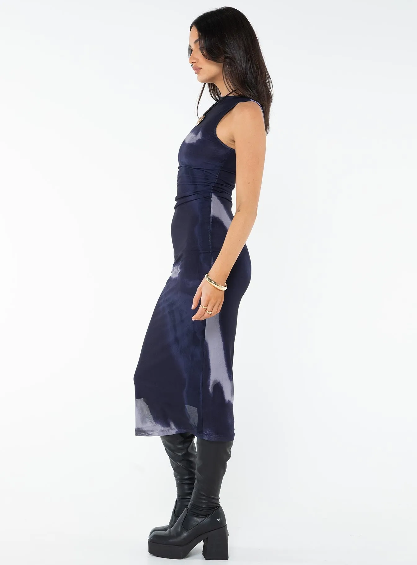 Fayola Dress Mesh Watercolour Navy Textured Layers Calm Shine