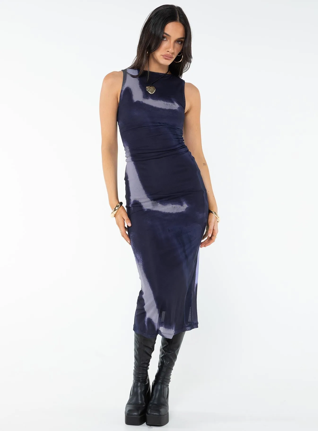 Fayola Dress Mesh Watercolour Navy Smart Lines