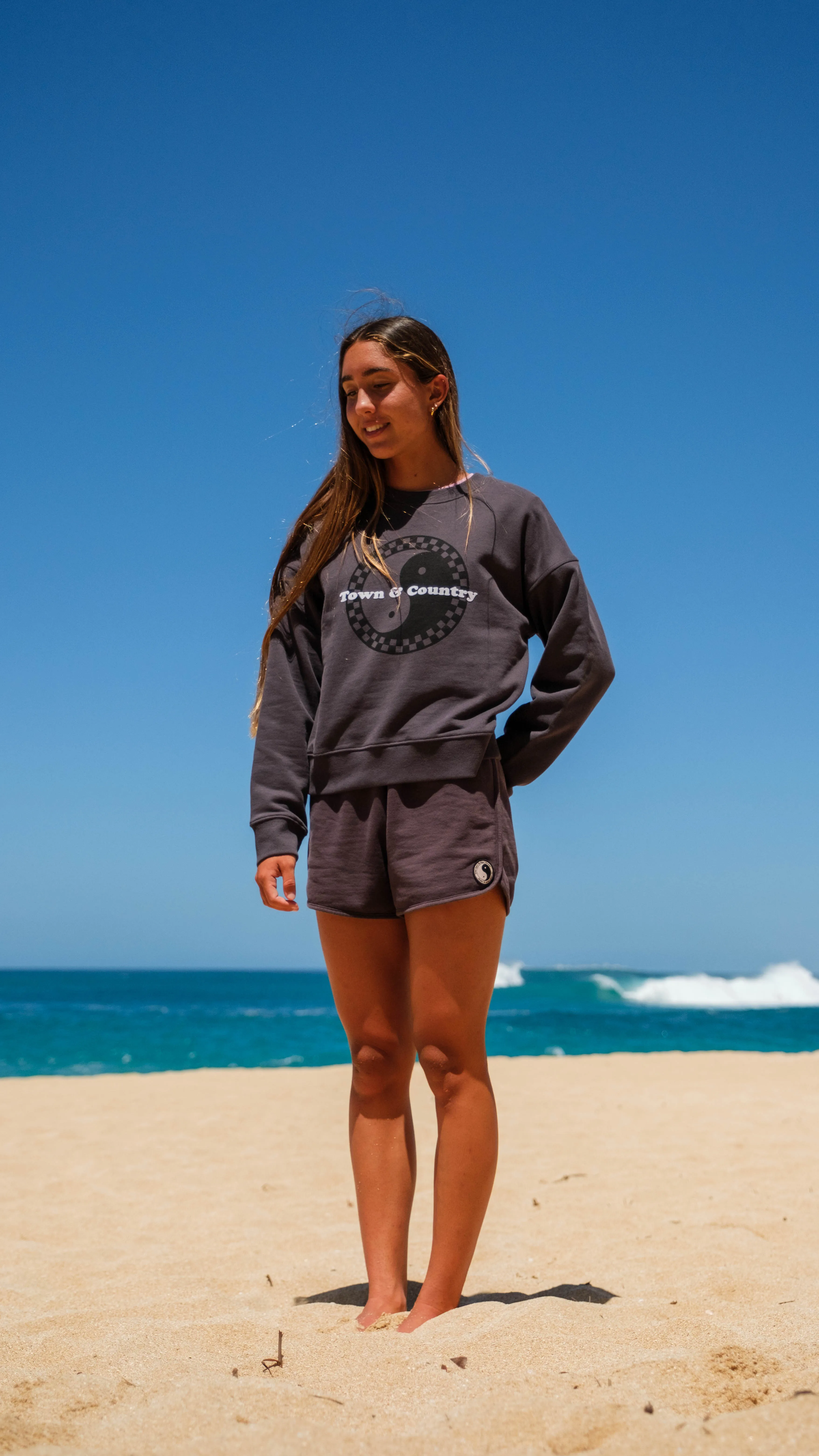 T&C Surf Designs Women Checky Crew Sweat - Washed Black rainy day wear Layered Look