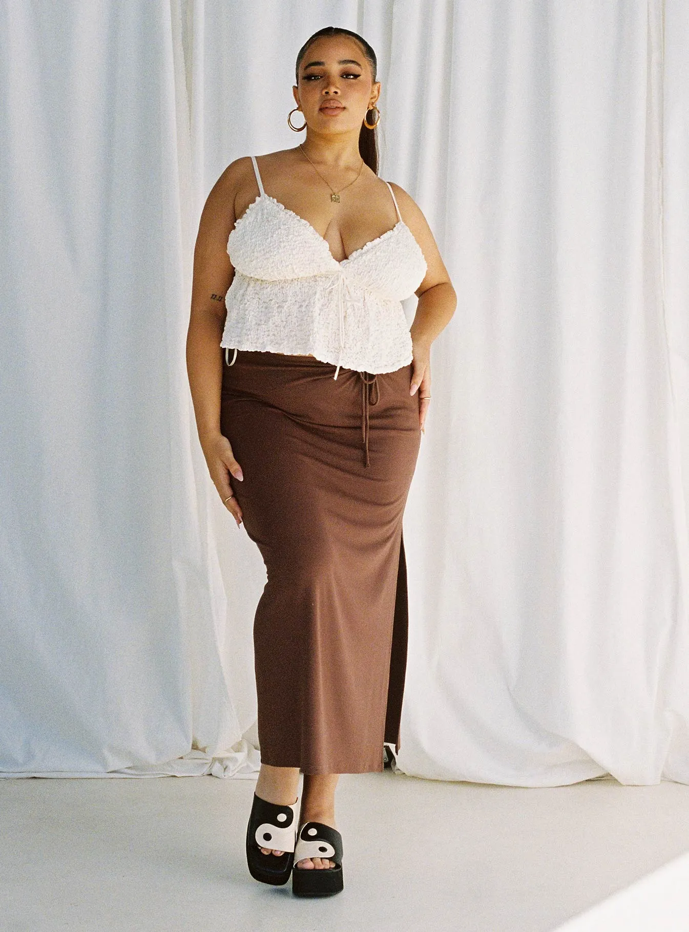 Hand Painted Comfy Wear Caroline Midi Skirt Brown Curve