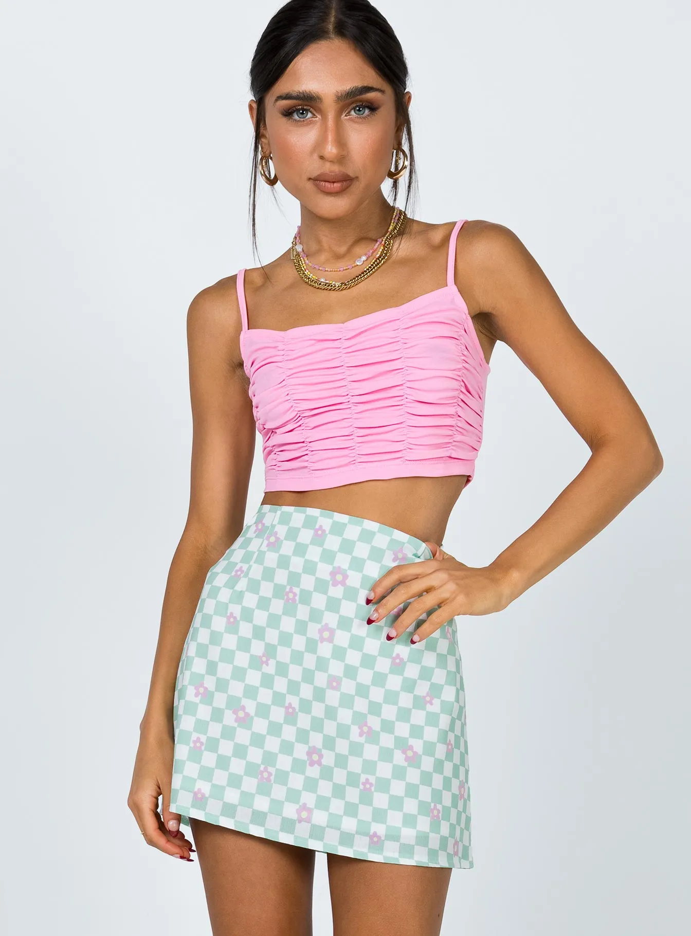 Clean Aesthetic Selby Mini Skirt Green Floral Check