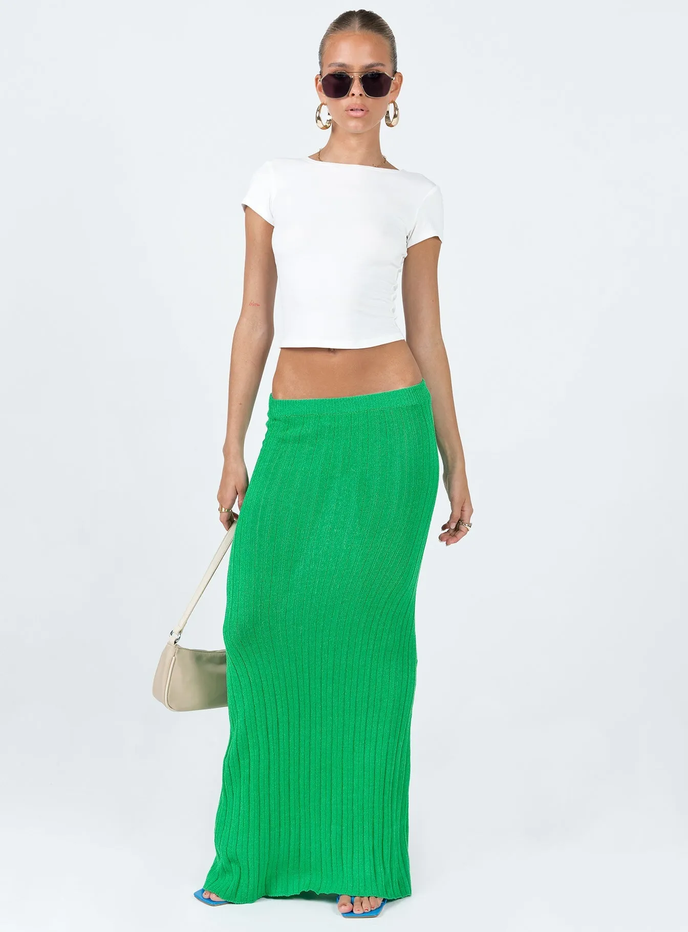 Contrast Stitching Versatile Outfit Belle Knit Maxi Skirt Apple Green