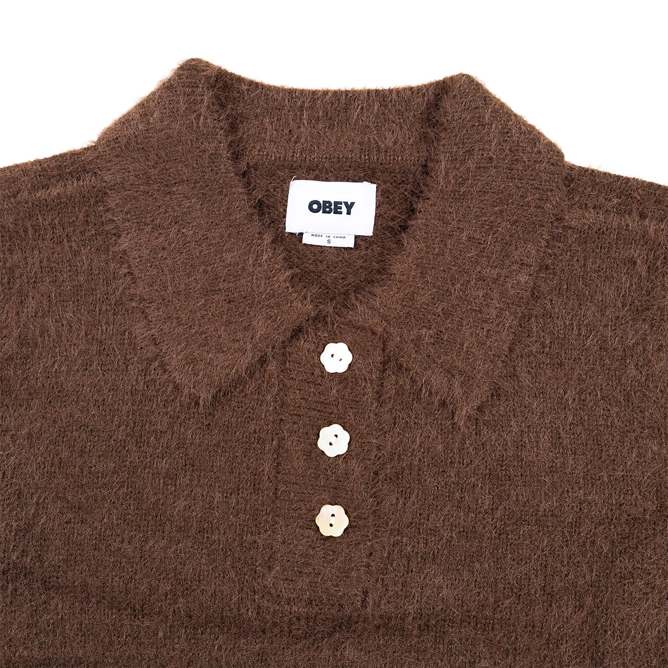 Obey Womens  Esme Polo Sweater Chocolate Lattice Ventilation Weave Daily Trend