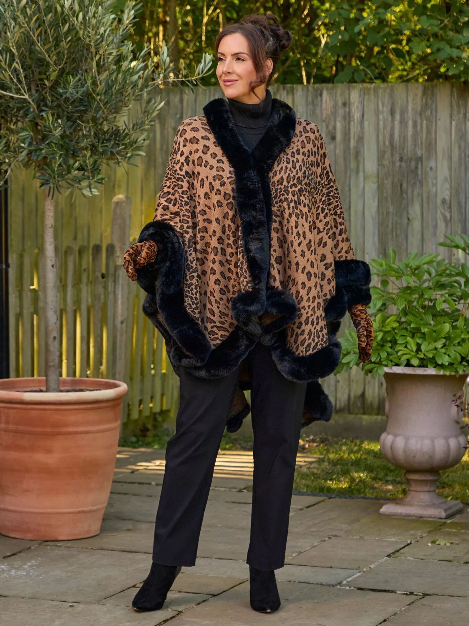 Simona Faux Fur Trimmed Wrap - Leopard Unisex Fit Soft Stretch